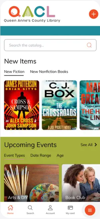 Image of the New Items and Upcoming Events page on the library mobile app