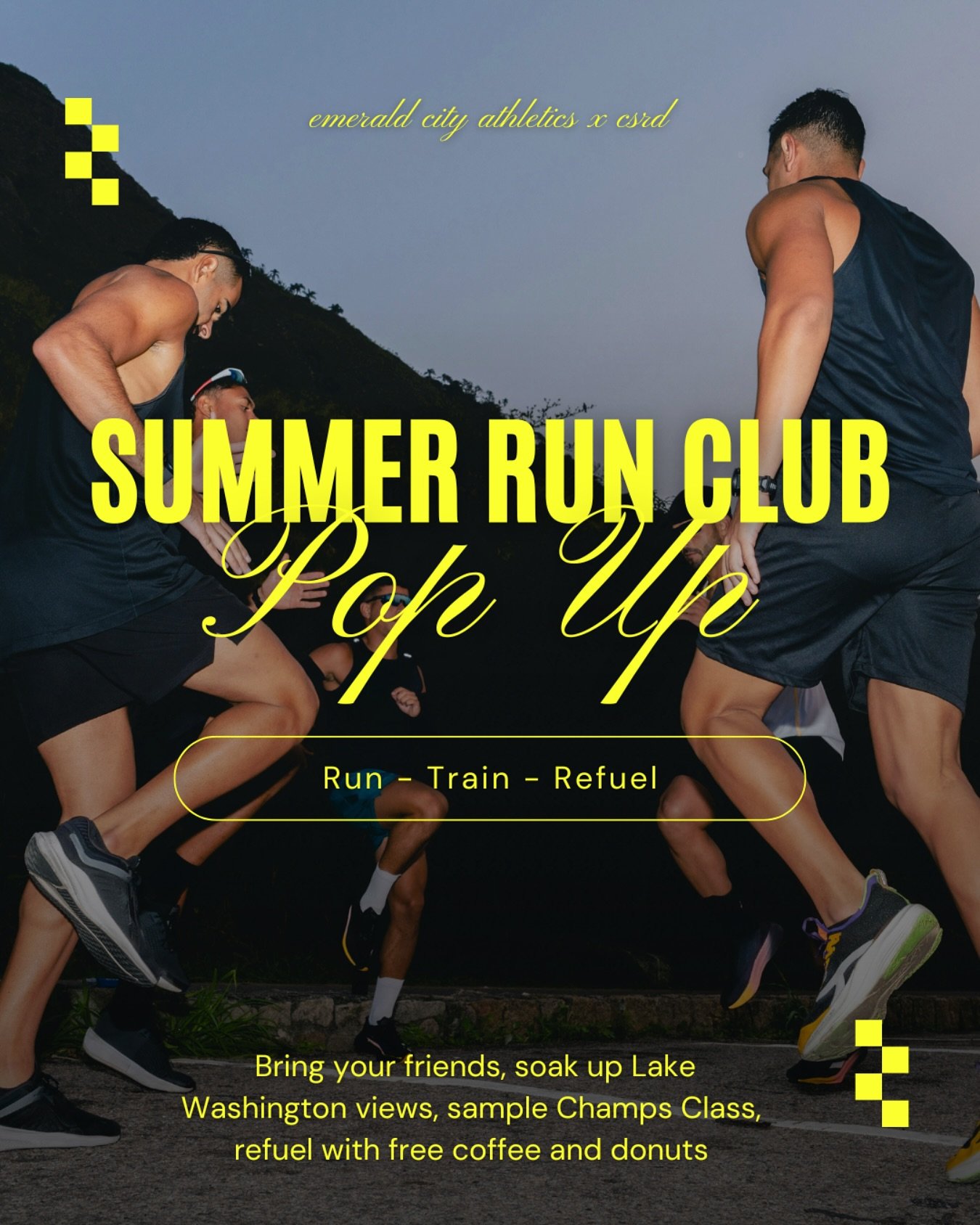 Free event - tell your favorite people 🎉☀️👟

Emerald City Athletics and @run_csrd are teaming up for a fun summer pop up, THIS Saturday morning! 
&nbsp;
Come lace up and vibe out: we&rsquo;re talking all-levels run club training, fresh air, lake vi