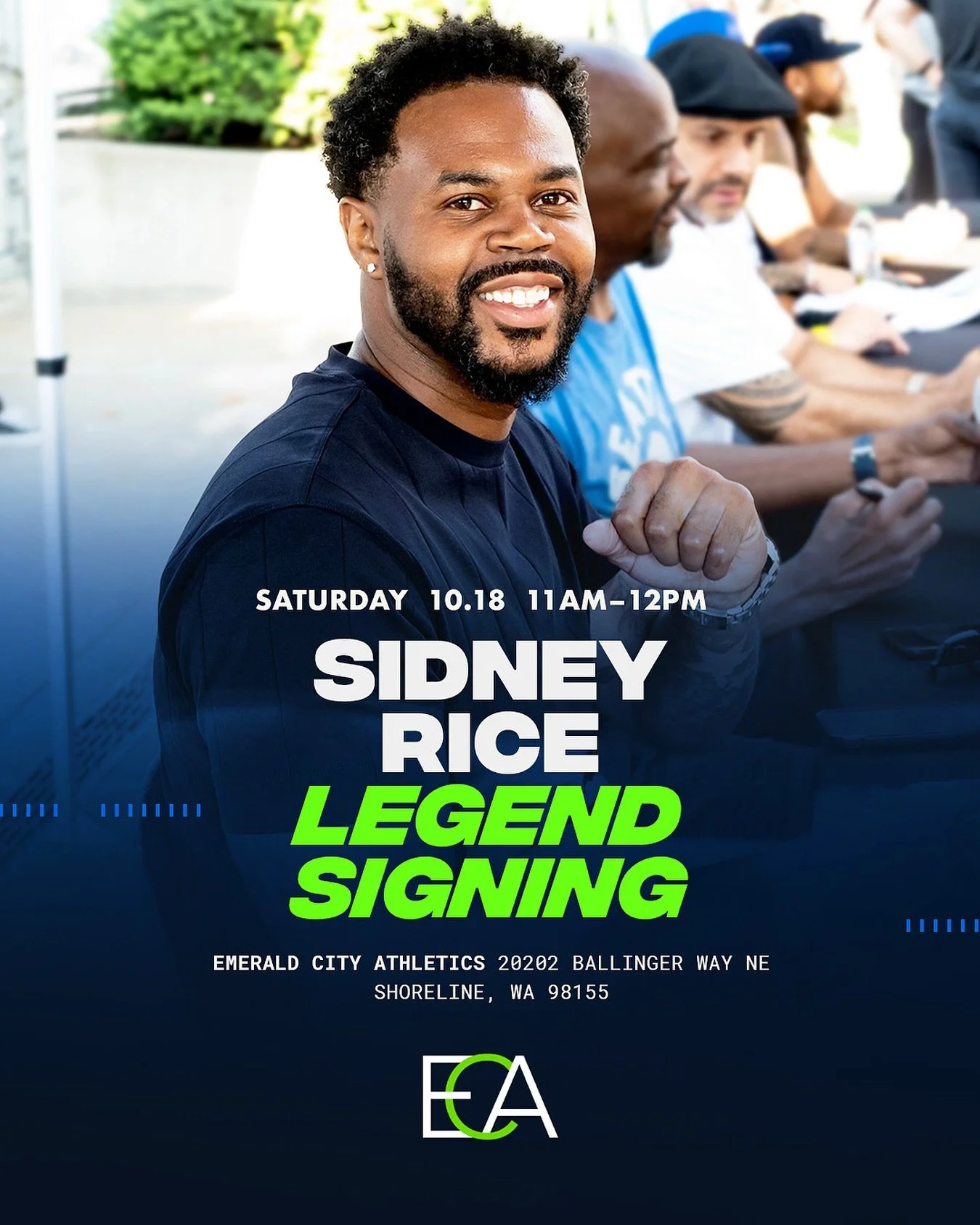 ๐ข ANNOUNCEMENT! Emerald City Athletics, home of the champions, is thrilled to host local legend Sidney Rice for an exclusive signing event! Bring your friends, family, and your favorite memorabilia (jerseys, footballs, photos) to get autographed ๐ฆ
?