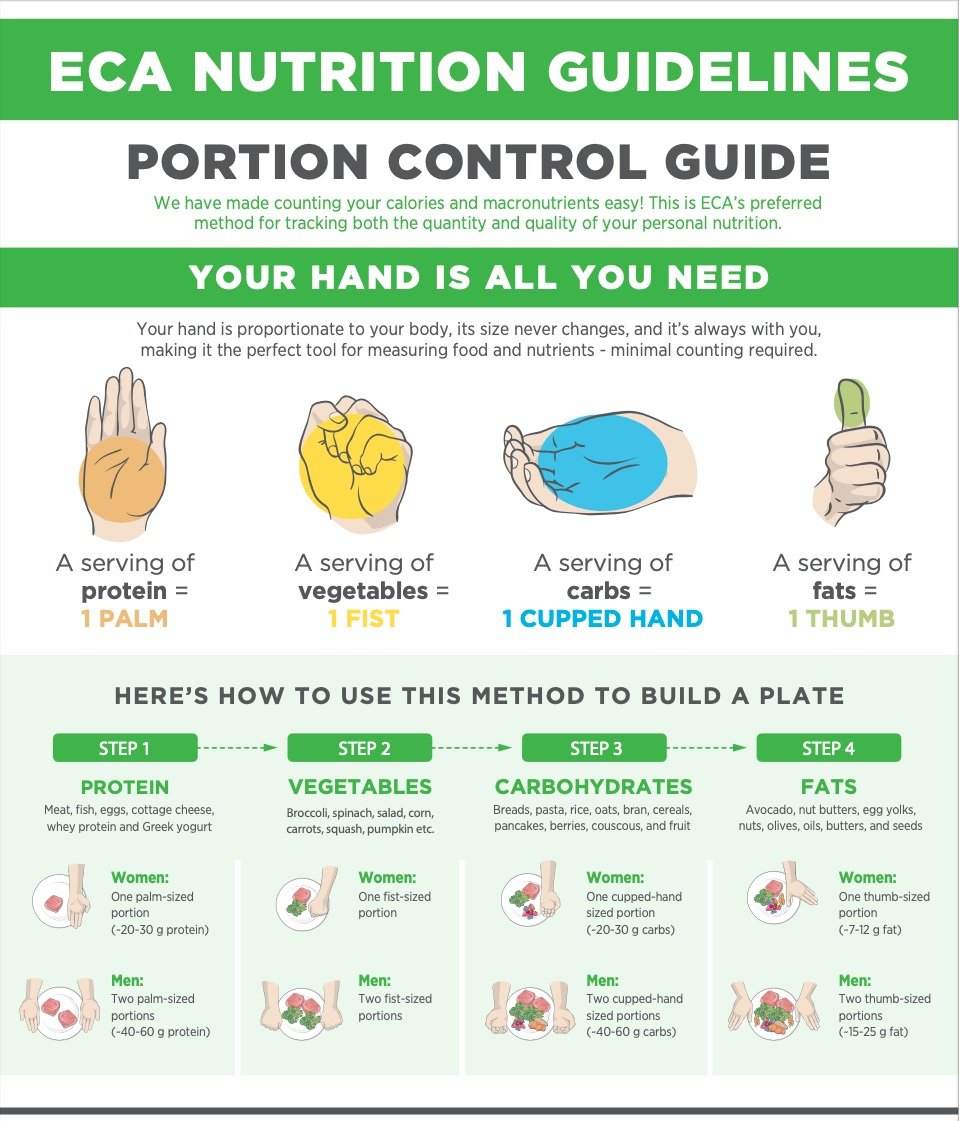 Infographic titled "ECA Nutrition Guidelines: Portion Control Guide" using hand measurements for servings. Protein is 1 palm, vegetables 1 fist, carbs 1 cupped hand, fats 1 thumb. Steps are shown for building a plate, with examples for women and men, detailing serving sizes for each macronutrient.