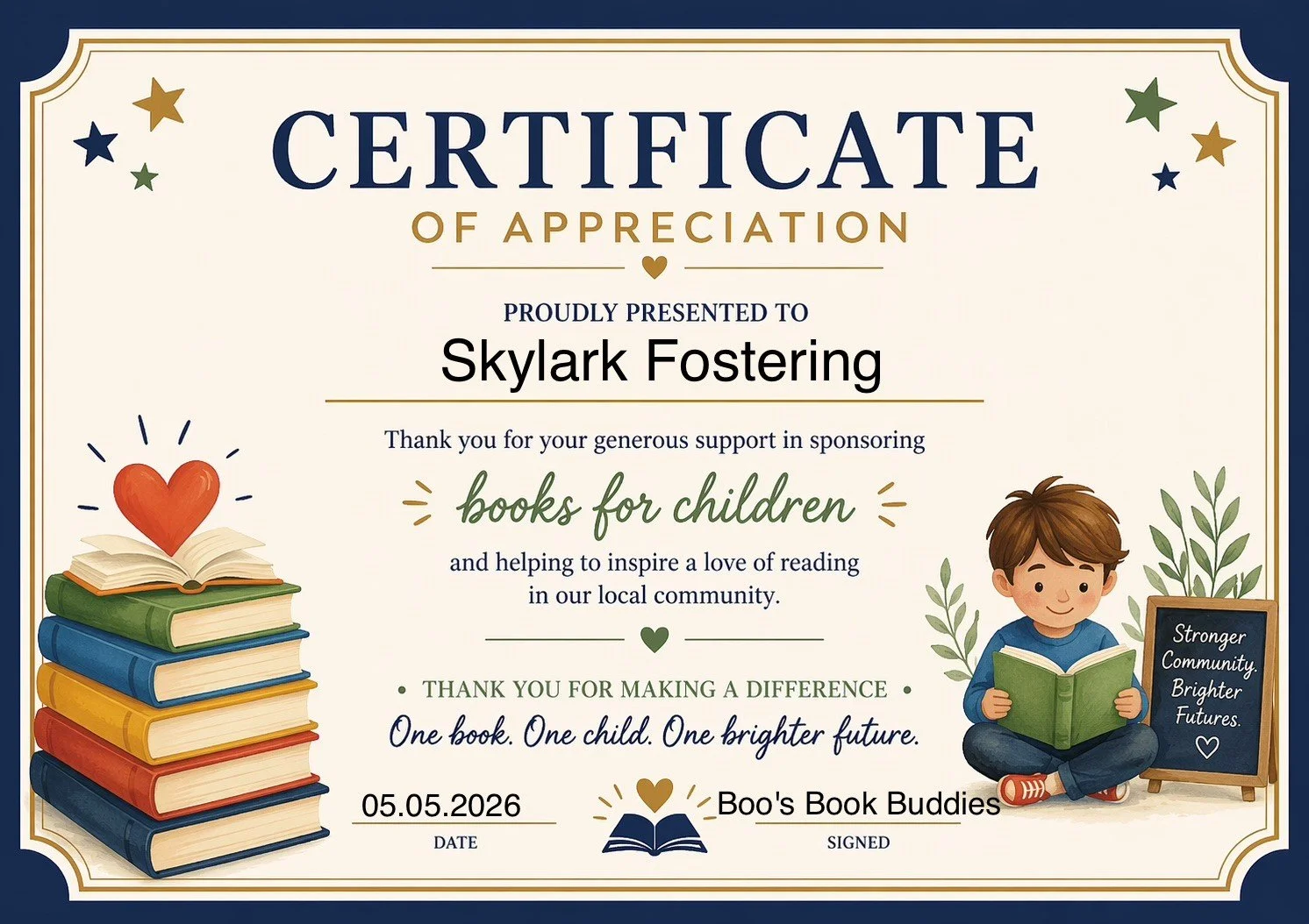 Skylark Fostering Supports Boo’s Book Buddies