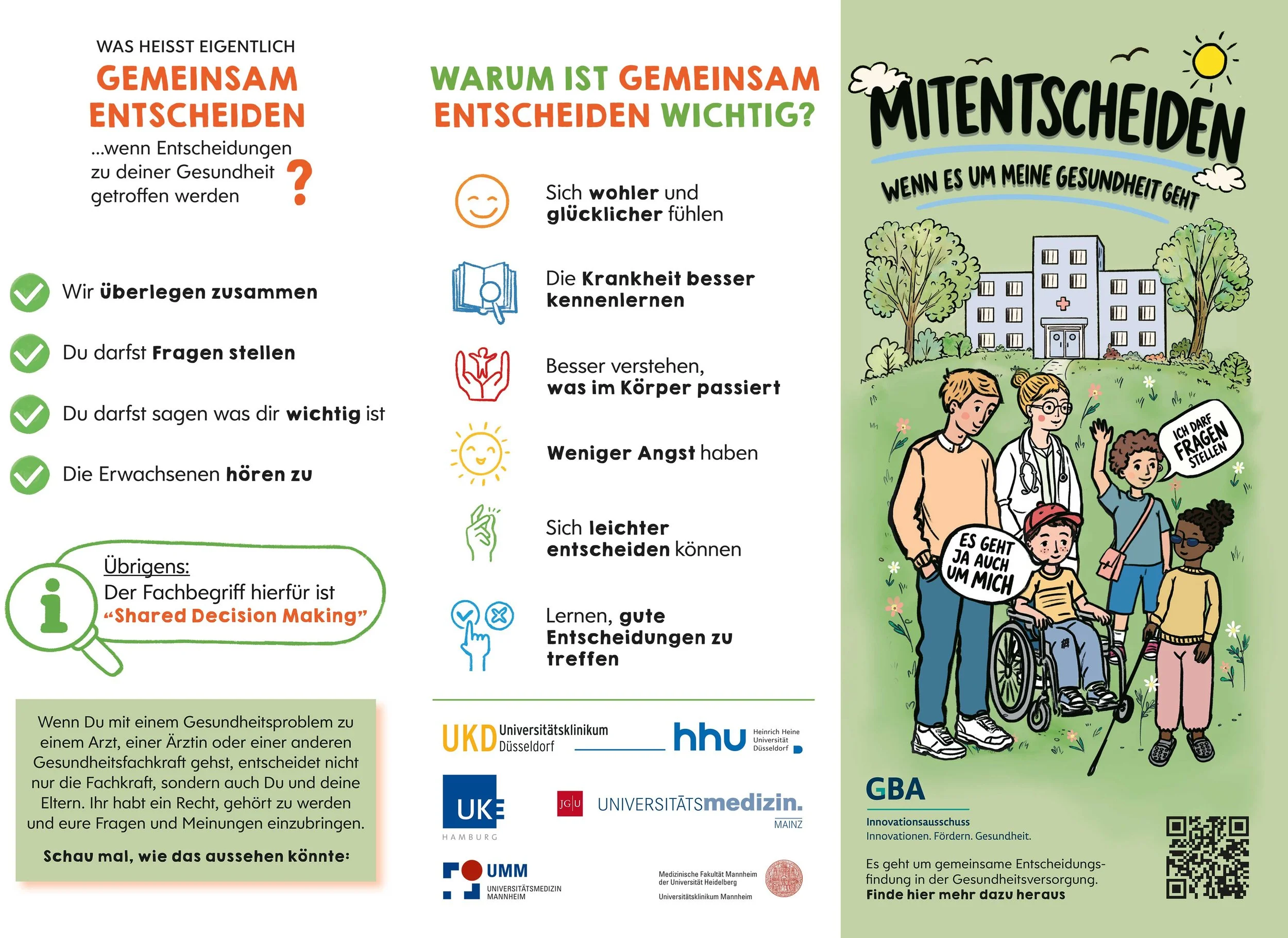 Illustration und Gestaltung für ein medizinisches Informationsprojekt zum Thema „Shared Decision Making“ in der Kinder- und Jugendmedizin. Entwicklung eines Posters sowie eines Faltblatts, die Kindern und Eltern das gemeinsame Entscheiden im Arztgesp