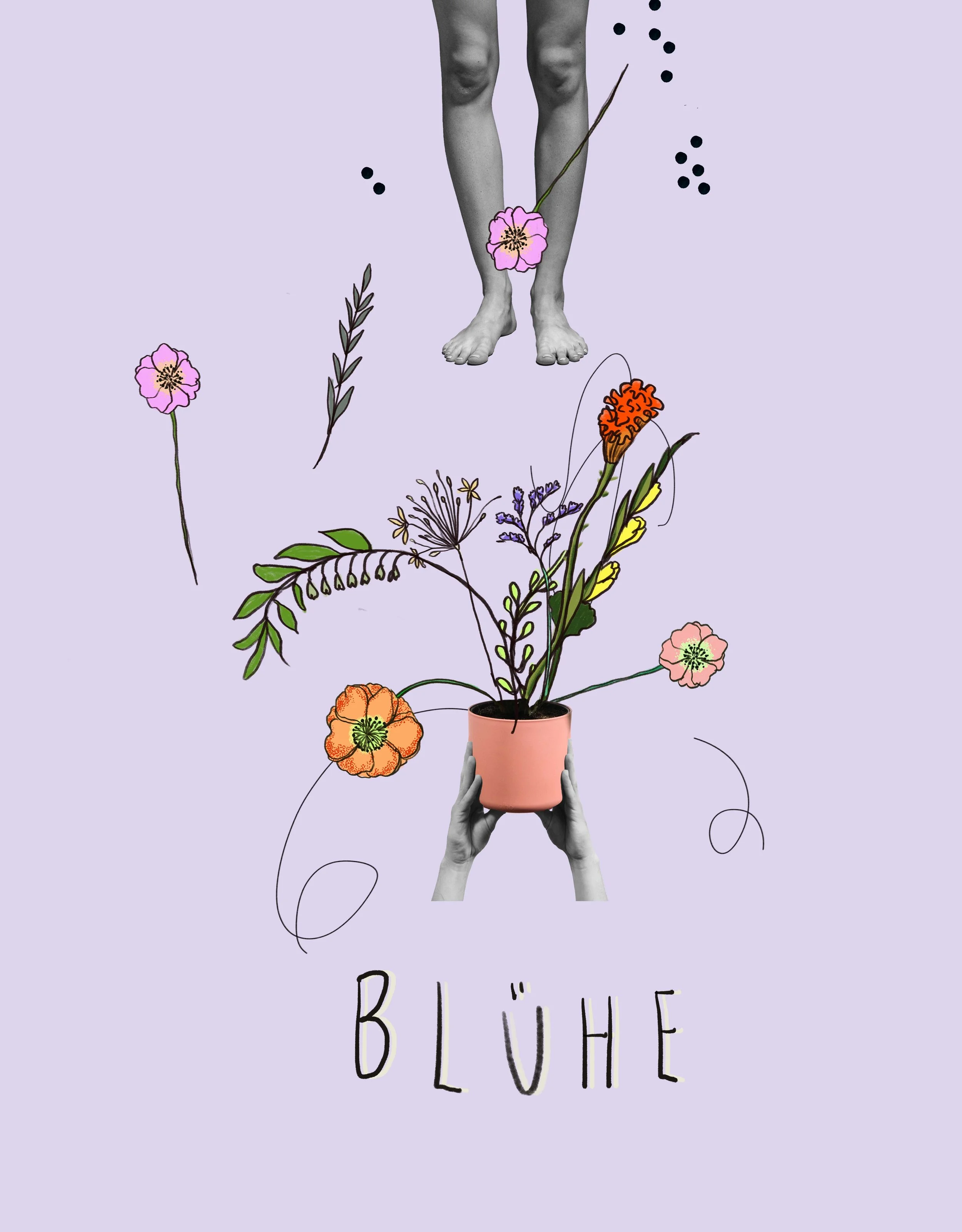 „Blühe“ ist eine poetische Illustration über inneres Wachstum. Aus einem Blumentopf, getragen von menschlichen Beinen, entfalten sich zarte Blumen und Pflanzen. Das Motiv steht für Verwurzelung, Selbstvertrauen und die Fähigkeit, aus sich selbst hera