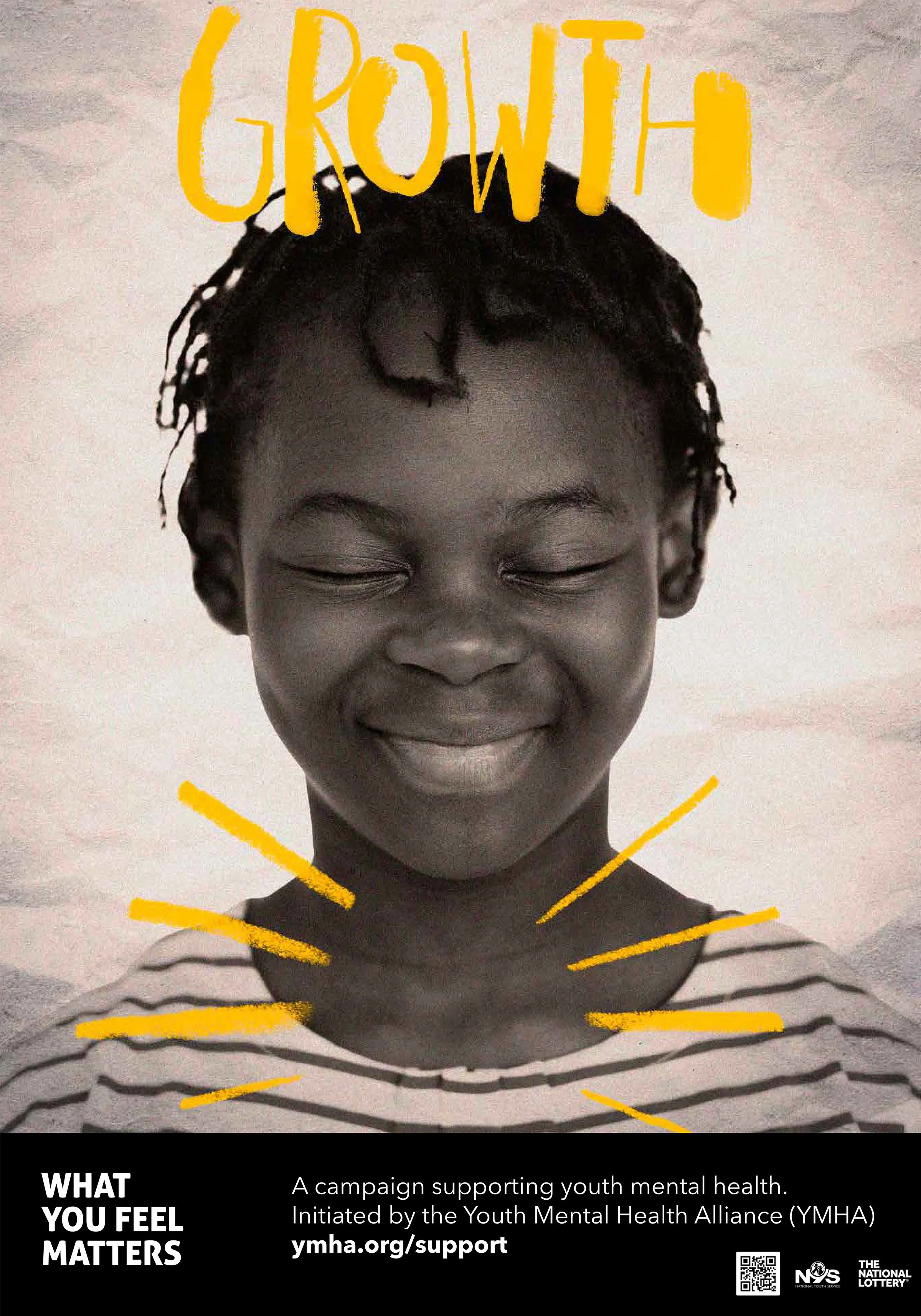 Growth – Visualisierung positiver Glaubenssätze bei Jugendlichen. Die Arbeit steht für Selbstwirksamkeit, innere Stärke und persönliches Wachstum. Gelbe Schrift »Growth« auf Gesicht von Mädchen