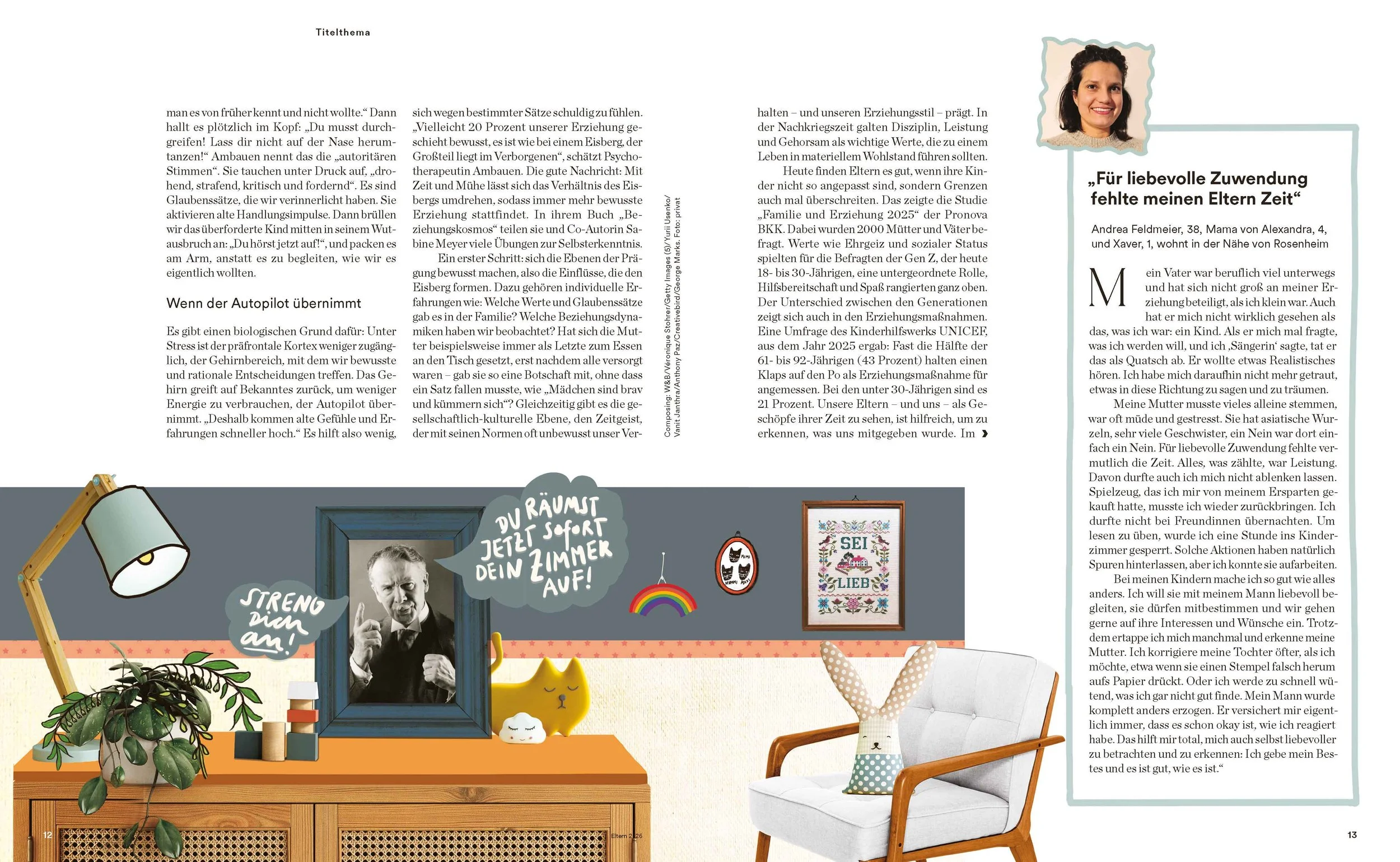 Konzeptionelle Collage im Retro-Wohnzimmer mit typischen Elternsätzen. Editorial Illustration über Prägung, Autorität, psychologische Muster und das innere Kind.