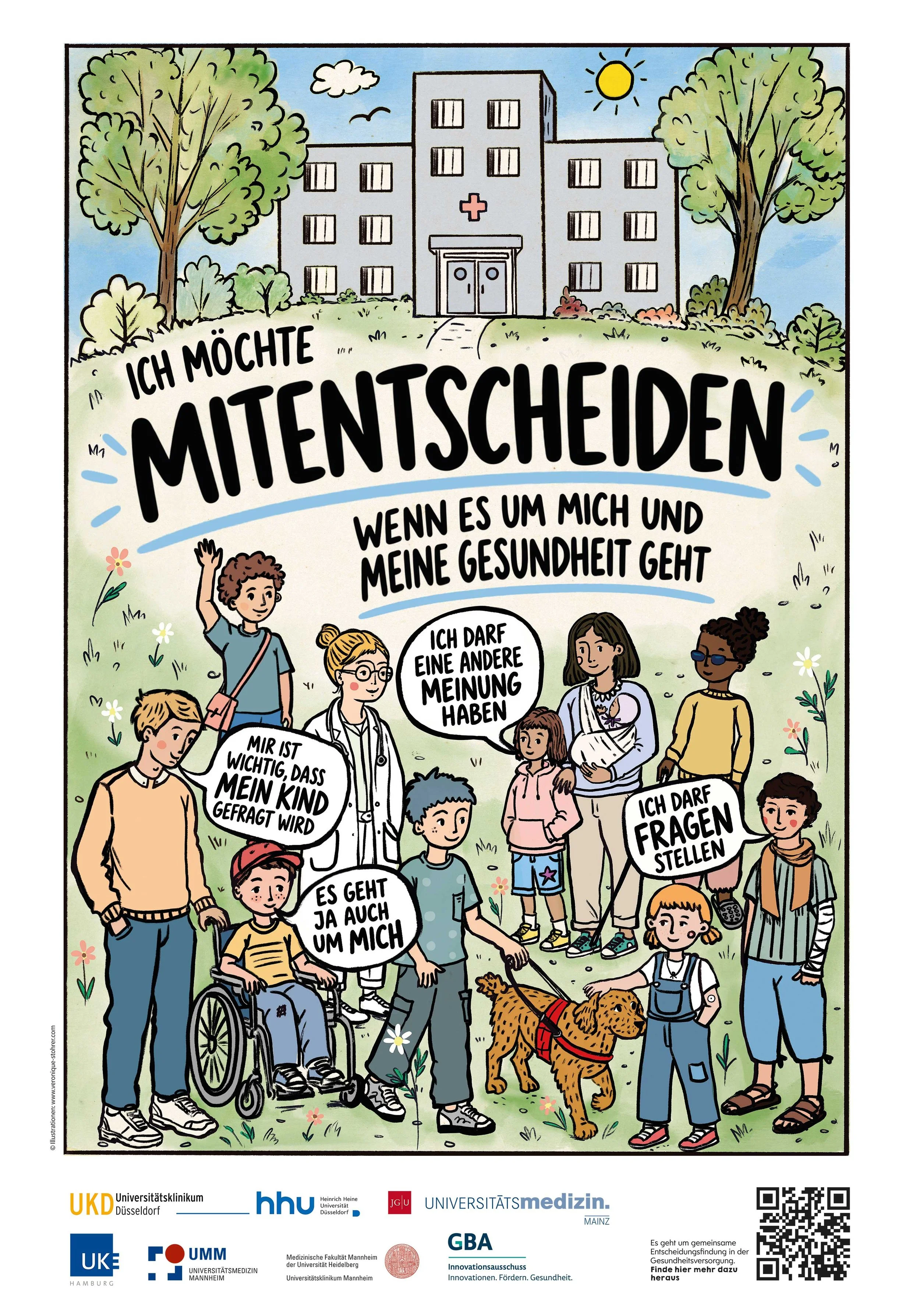 Illustration und Gestaltung für ein medizinisches Informationsprojekt zum Thema „Shared Decision Making“ in der Kinder- und Jugendmedizin. Entwicklung eines Posters sowie eines Faltblatts, die Kindern und Eltern das gemeinsame Entscheiden im Arztgesp