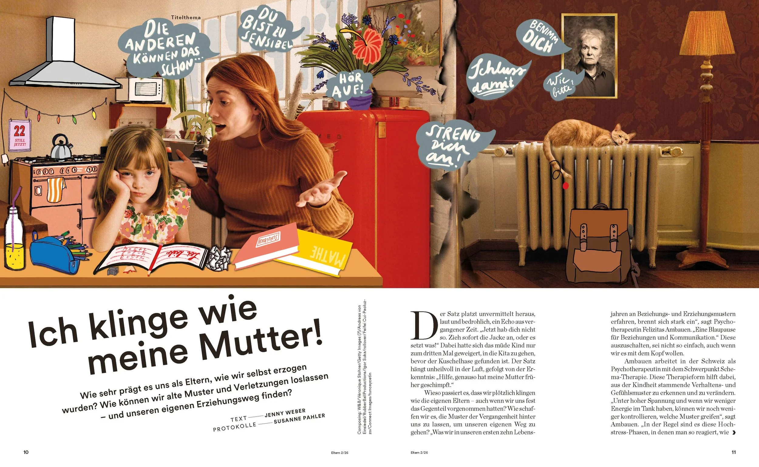 Mixed-Media-Collage über Erziehungsmuster und generationale Prägung. Editorial Illustration für ein Magazin zum Thema Mutter-Tochter-Beziehung, innere Stimmen und psychologische Weitergabe von Mustern.
