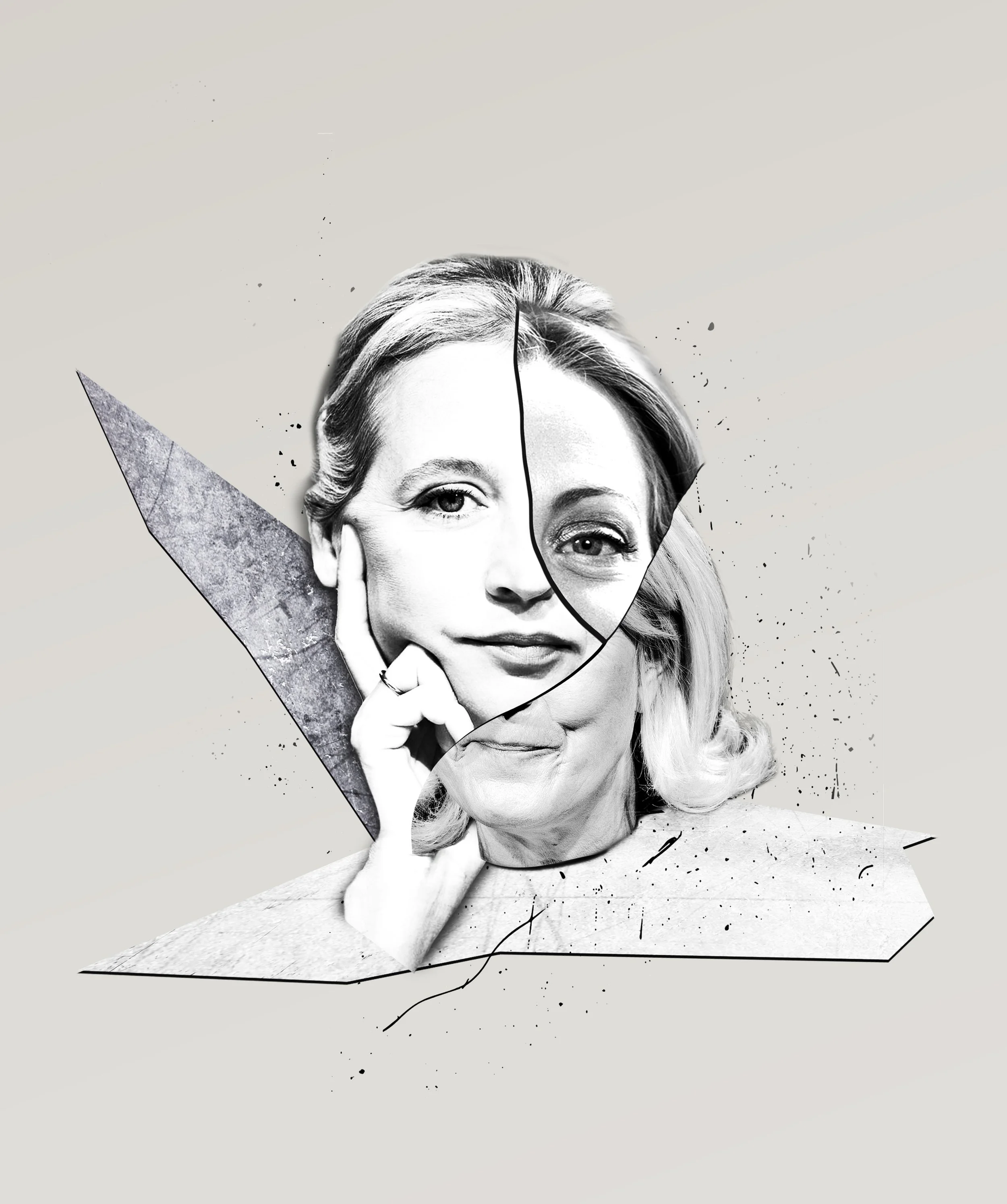 Schwarz-weiße Collage mit fragmentiertem Porträt aus Alice Weidel, Giorgia Meloni und Marine Le Pen, die politische Überschneidungen in Europa visualisiert.