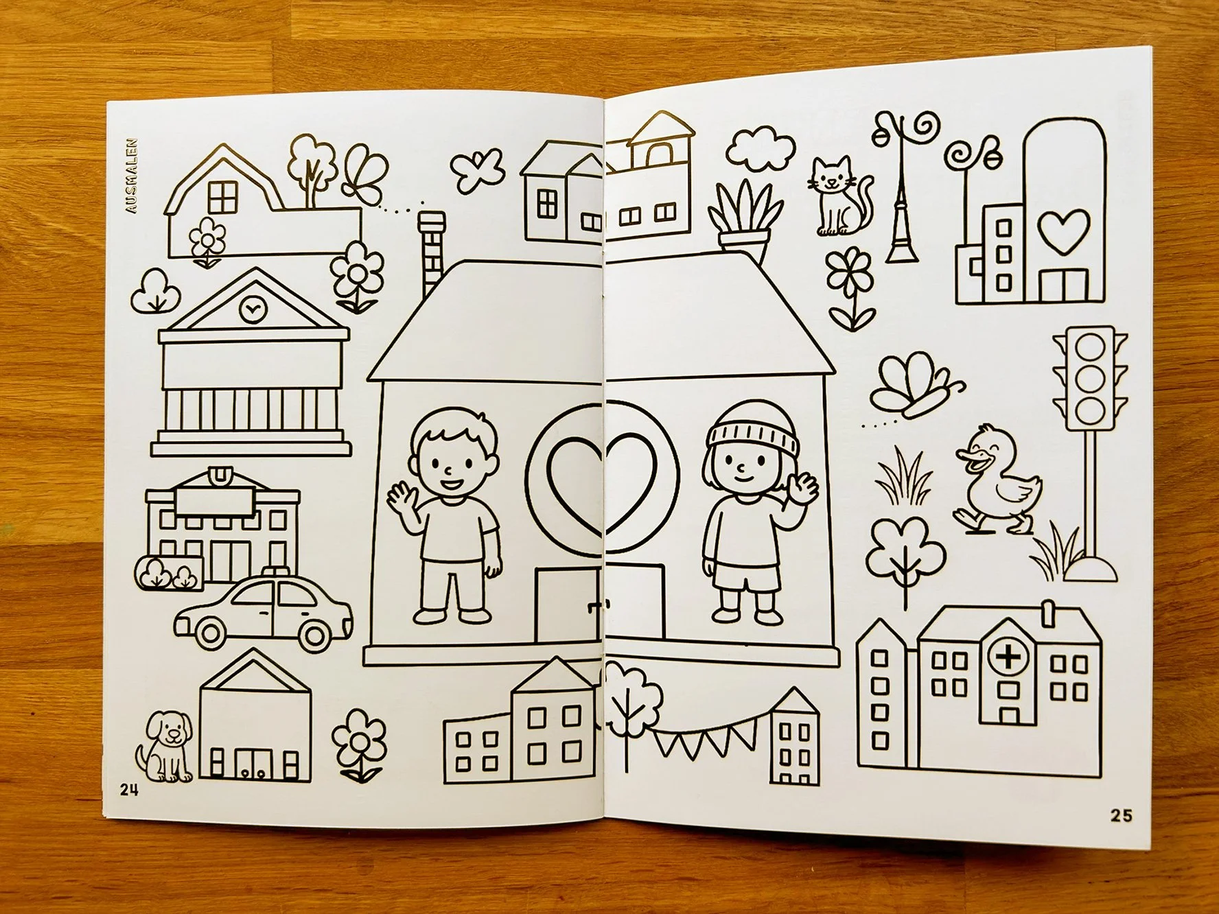 Ausmalkarte für Kinder, Herz, Kleines Mädchen und Junge, Haus