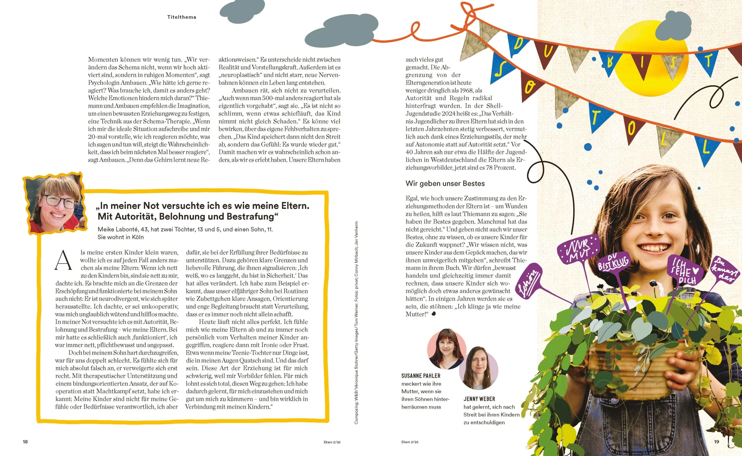 Mixed-Media-Illustration eines Kindes mit Wimpelkette und typischen Glaubenssätzen. Visuelle Auseinandersetzung mit Identität, Weitergabe von Mustern und emotionalem Erbe.