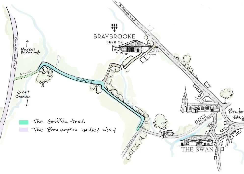 Map showing the Braybrooke Beer Path, part of the Griffen Trail in light blue and the Brampton Valley Way in purple, with landmarks including the Taproom, a church, The Swan pub, and nearby roads.