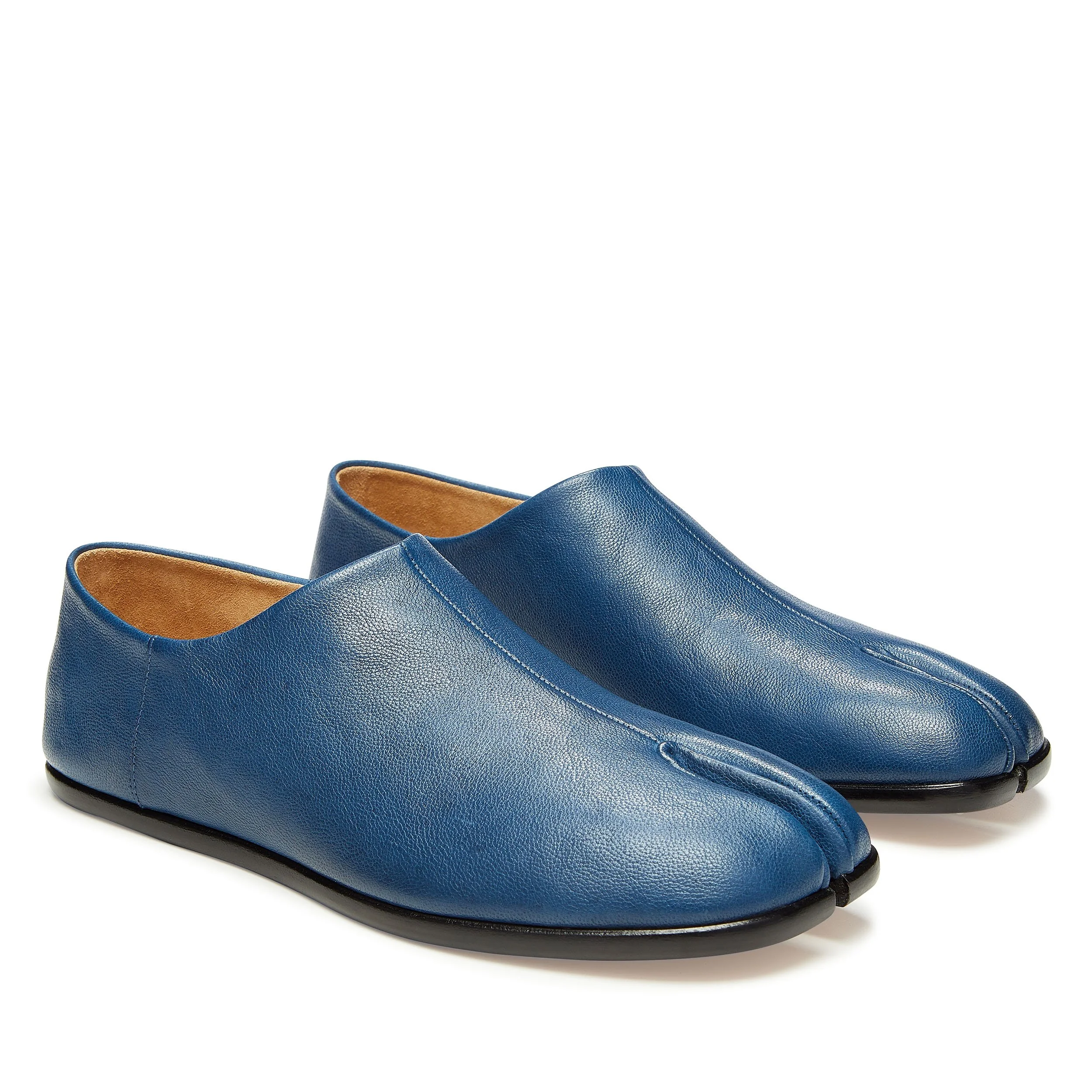Blue leather slippers for eCommerce accessory brand.
