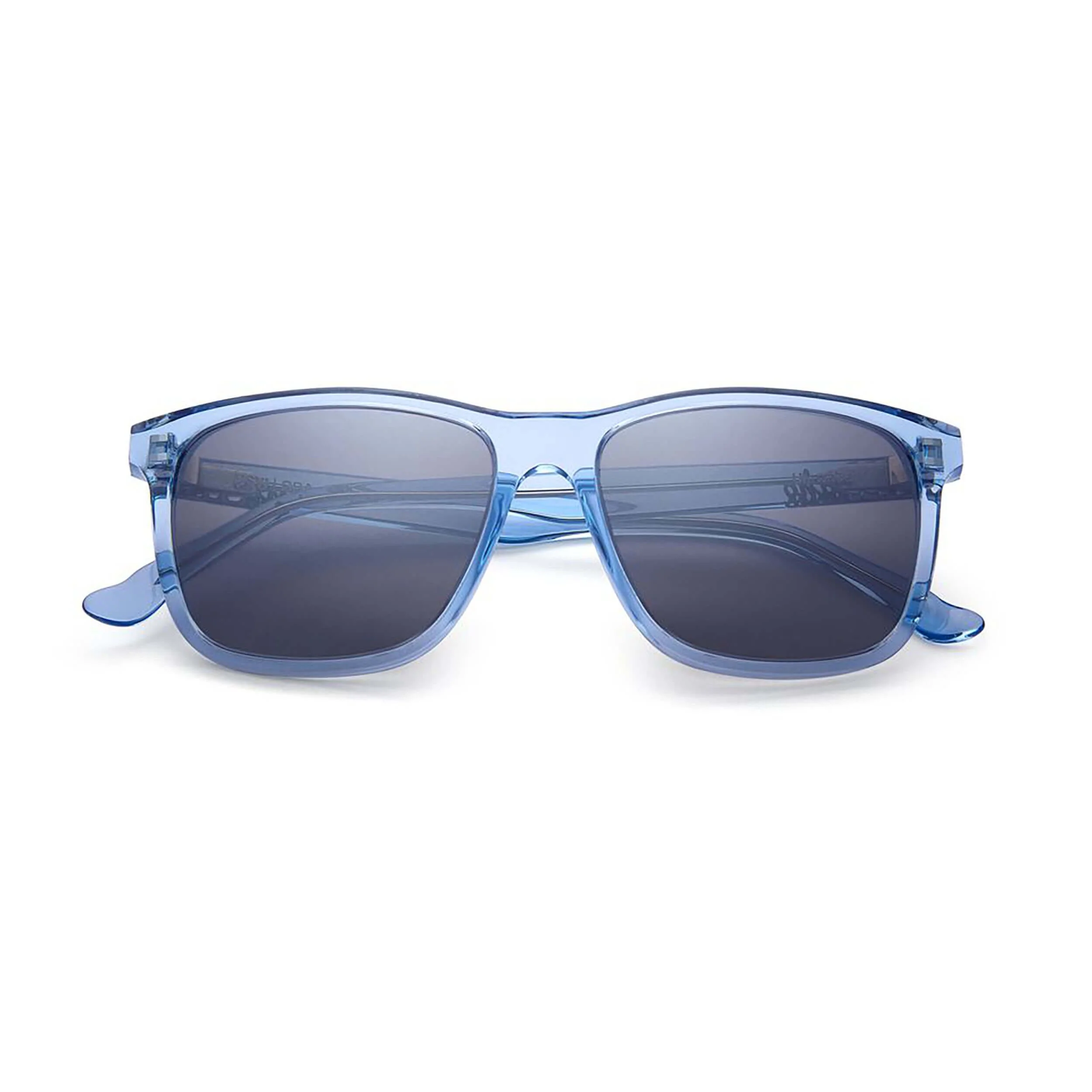 Accessories photography of blue transparent frame sunglasses for eyewear brand