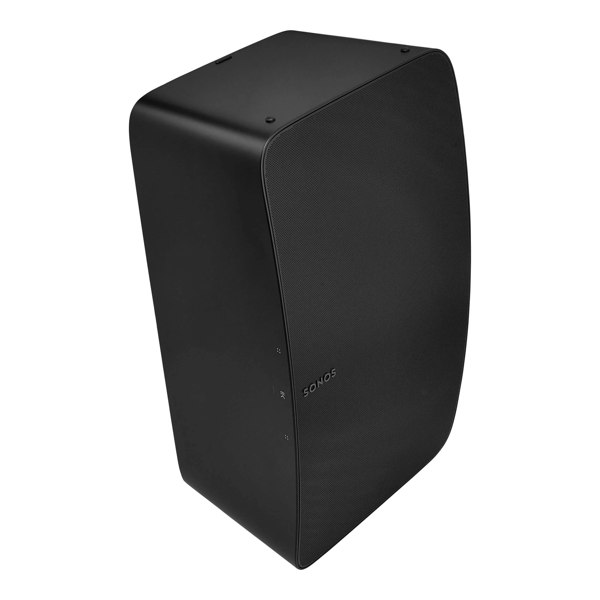 Professional product photography of black cylindrical speaker on white background