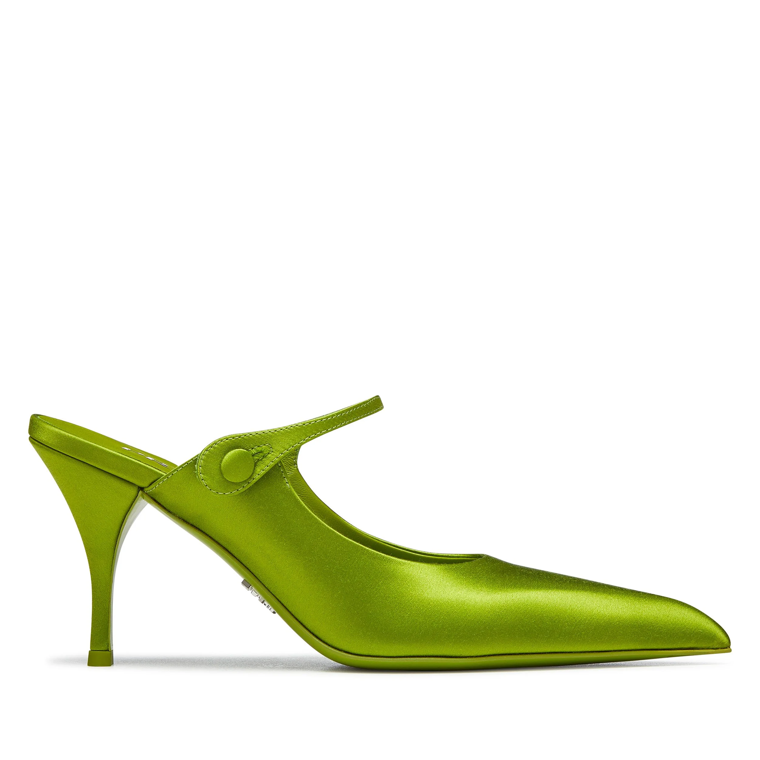 Footwear photography of green satin high heels on white background for Prada
