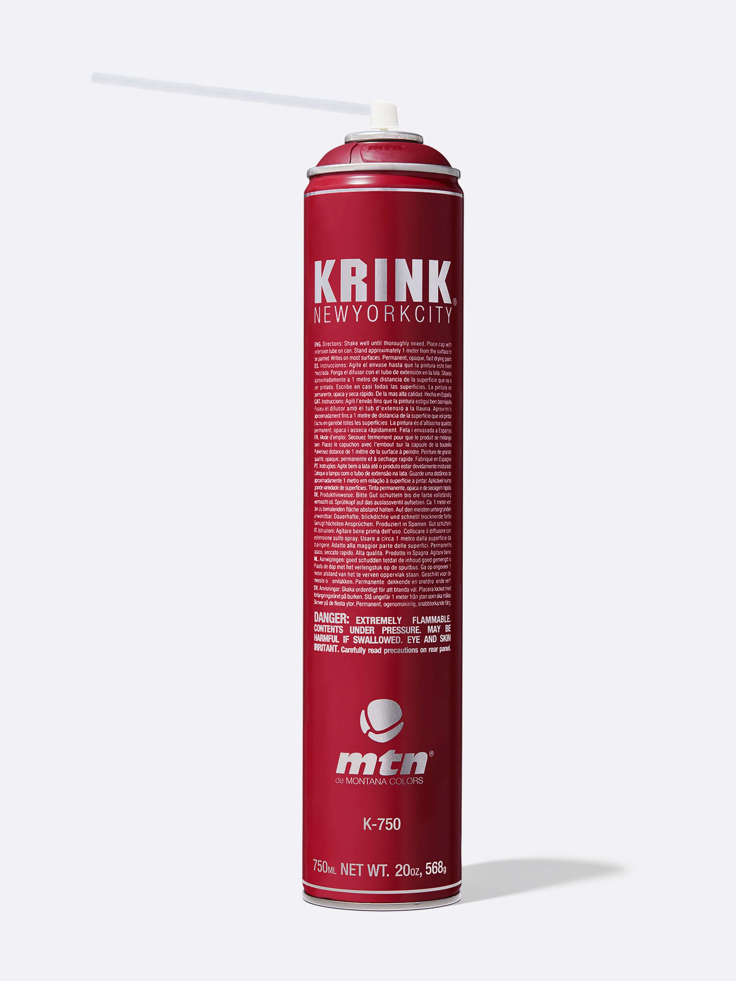eCommerce product photography of red Krink spray paint can on white background