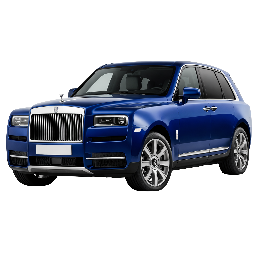 A blue luxury SUV with black tires and silver accents, positioned in profile view against a transparent background.