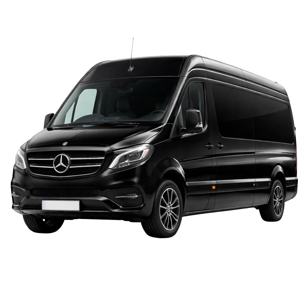 Black passenger van viewed in profile, with windows along the side and white wheels.