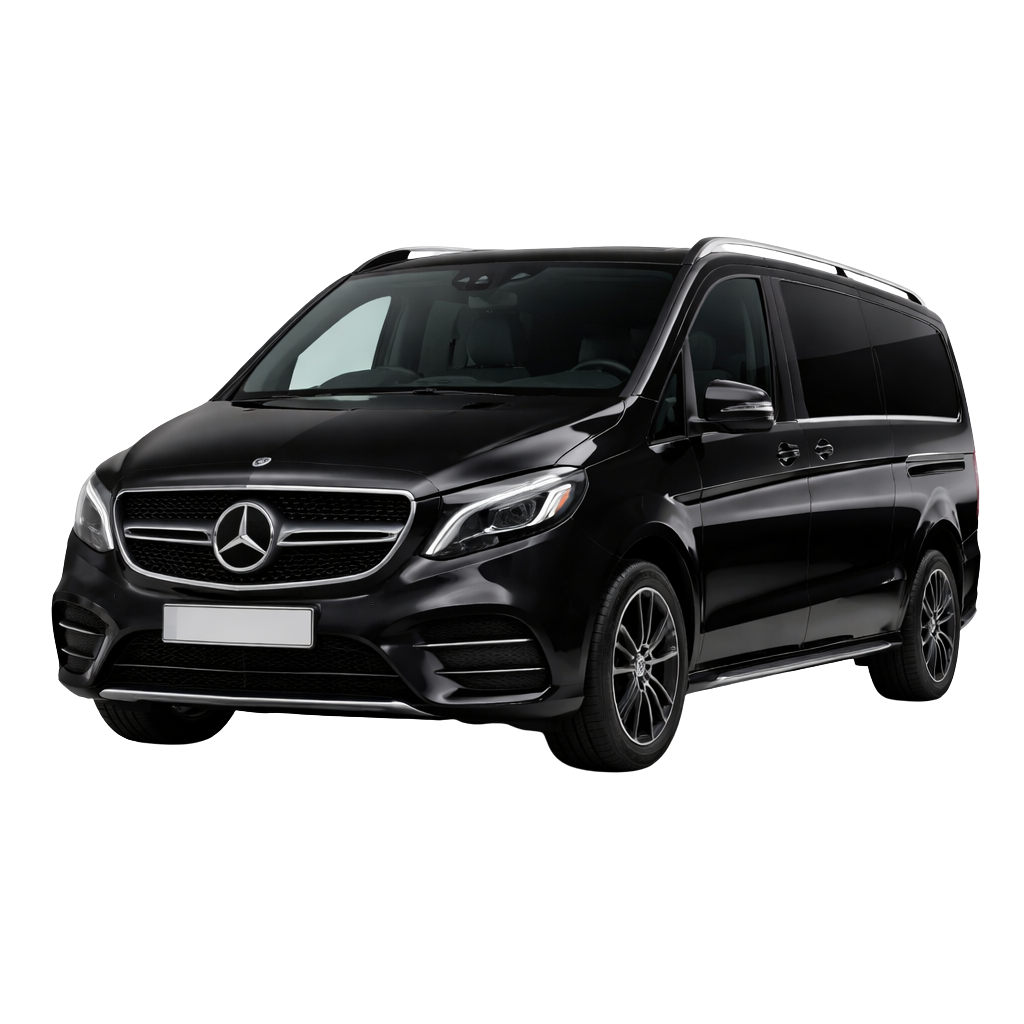 Black minivan with tinted windows and silver rims, driver inside, isolated on transparent background.