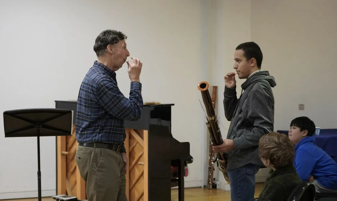 Recently retired Royal Northern Sinfonia’s Stephen Reay offering his wisdom to a CAT student at the bassoon demo