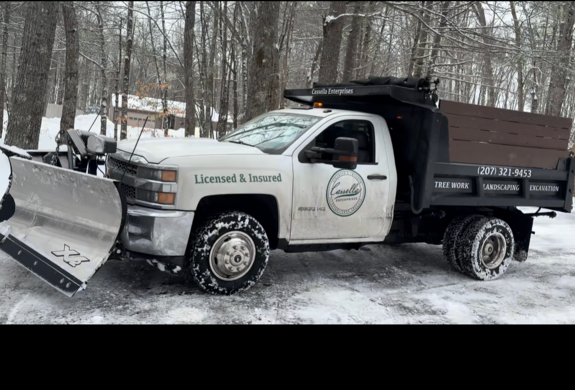 A white pickup truck with a snow plow attached to the front, black snow tires, and a dark hauling bed, parked on a snowy road in a wooded area.