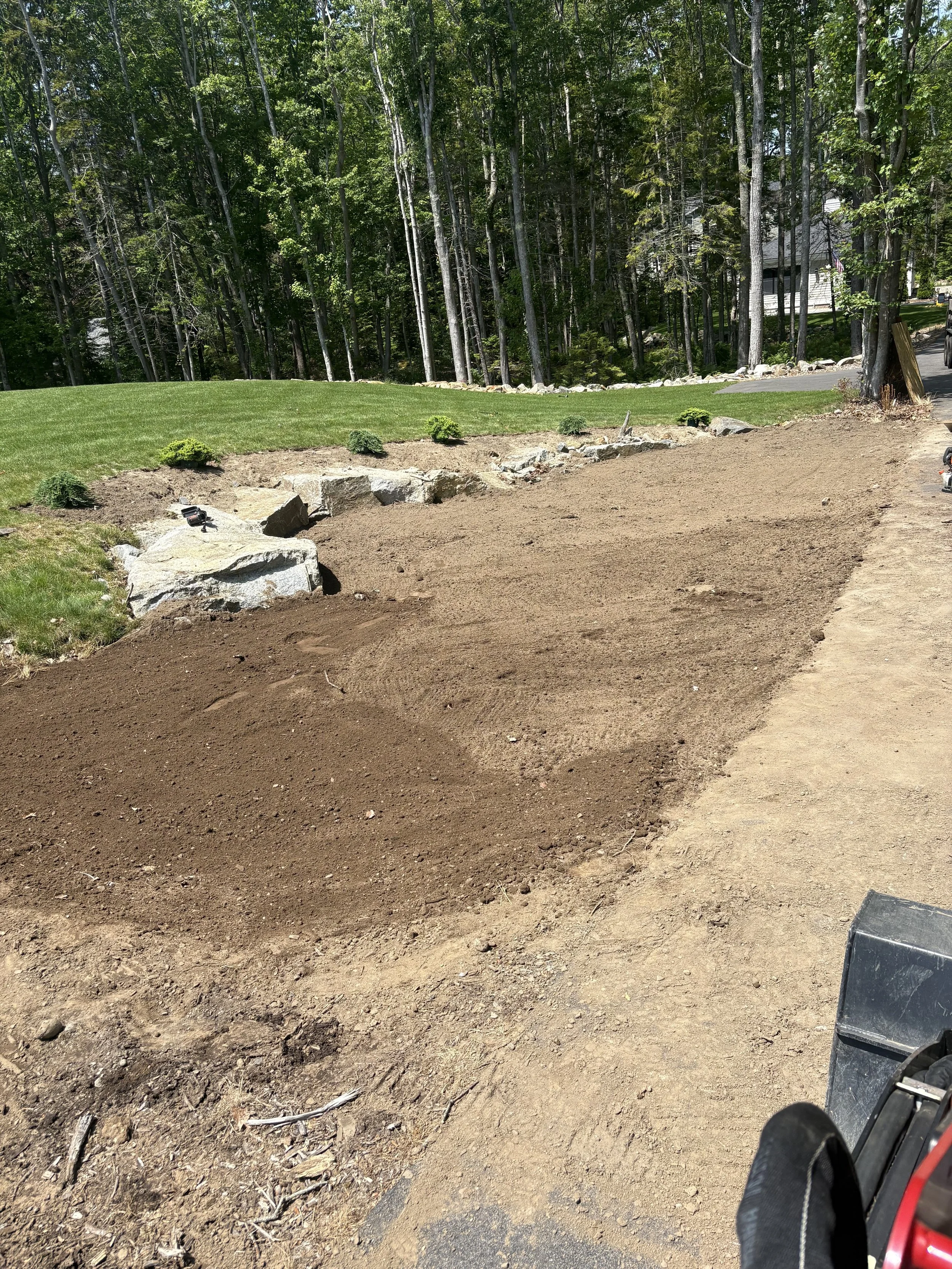 A backyard with a freshly dug area of soil, bordered by small bushes, rocks, and tall trees in the background, with a house partially visible on the right side.