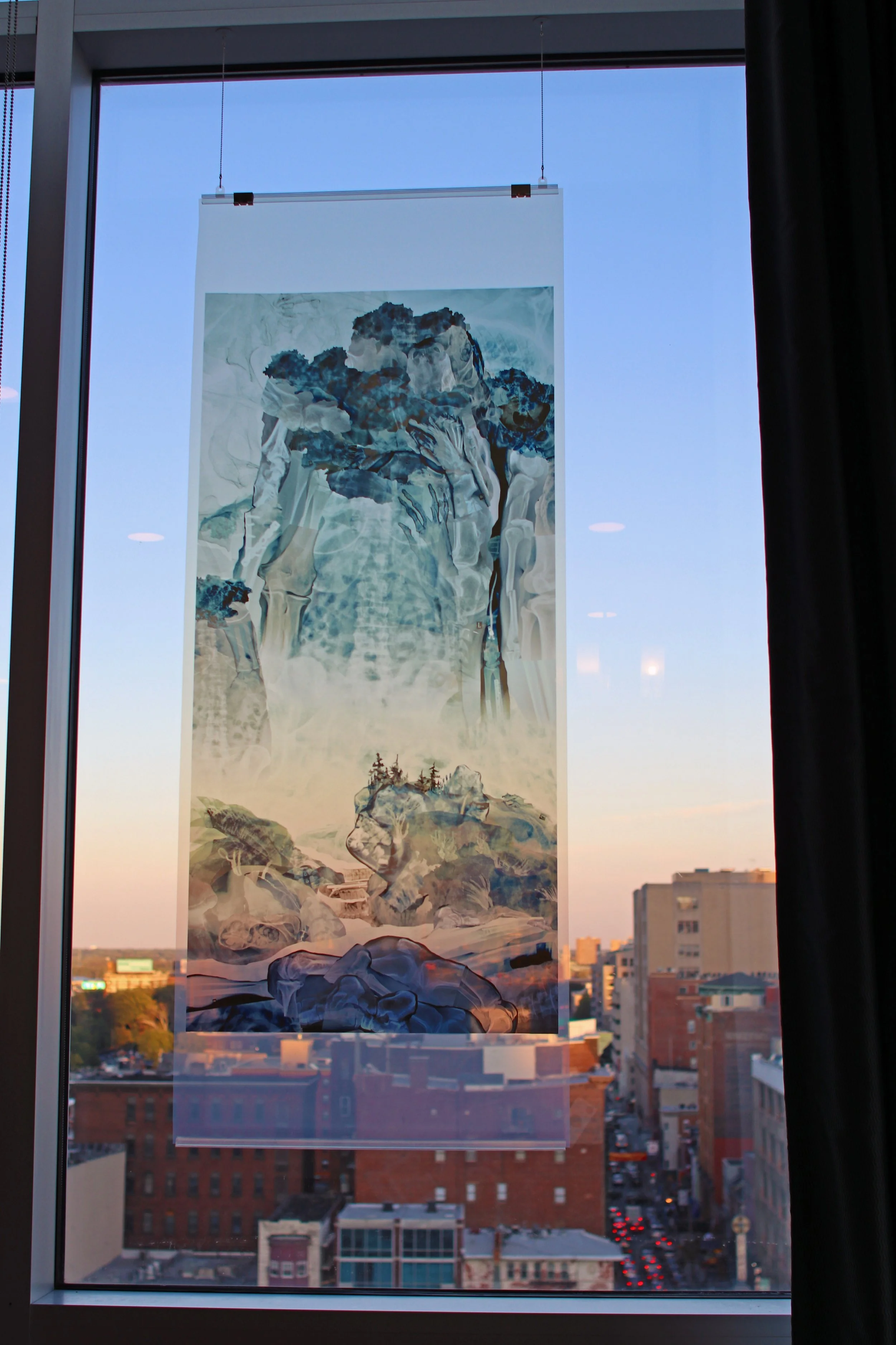 After Fan Kuan’s Travellers among Mountains and Streams, 990 A.D, China Contemporary Landscape (installation view1), 2017Digital print on translucent acetate91x 36 inches  7.6 x 3 feet.jpg