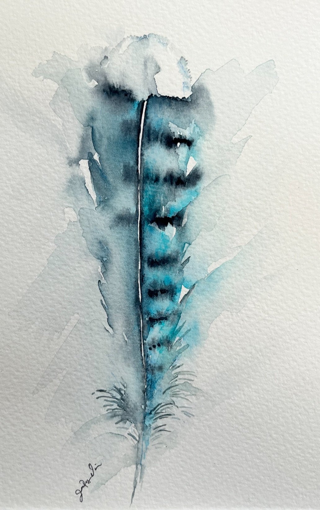 Loose watercolor painting of a blue jay feather.