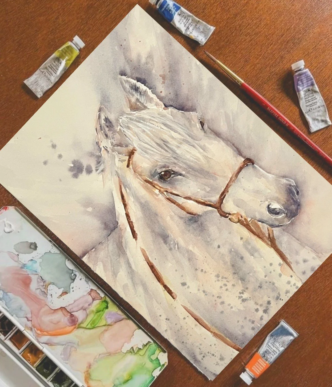 loose watercolor painting of a white horse