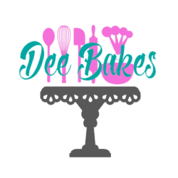 Logo for Dec Bakes featuring a cake stand with pink kitchen utensils