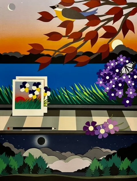 Illustration of a landscape scene with a bird on a branch, a scenic sunset over a lake, purple flowers, a butterfly, and paintings of flowers against a checkered surface.