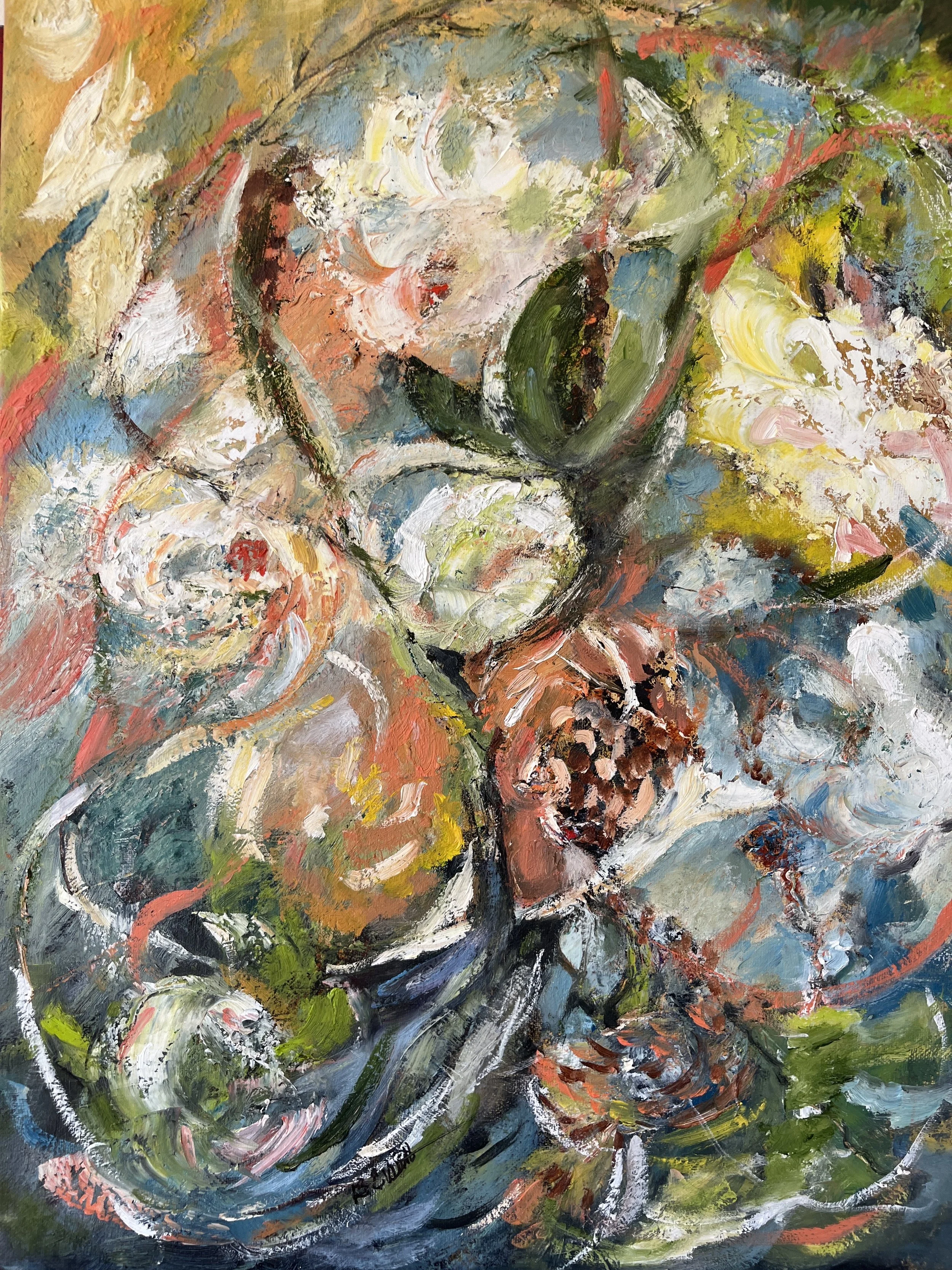 Abstract painting with swirling brushstrokes, featuring colors such as green, white, black, red, yellow, and blue.