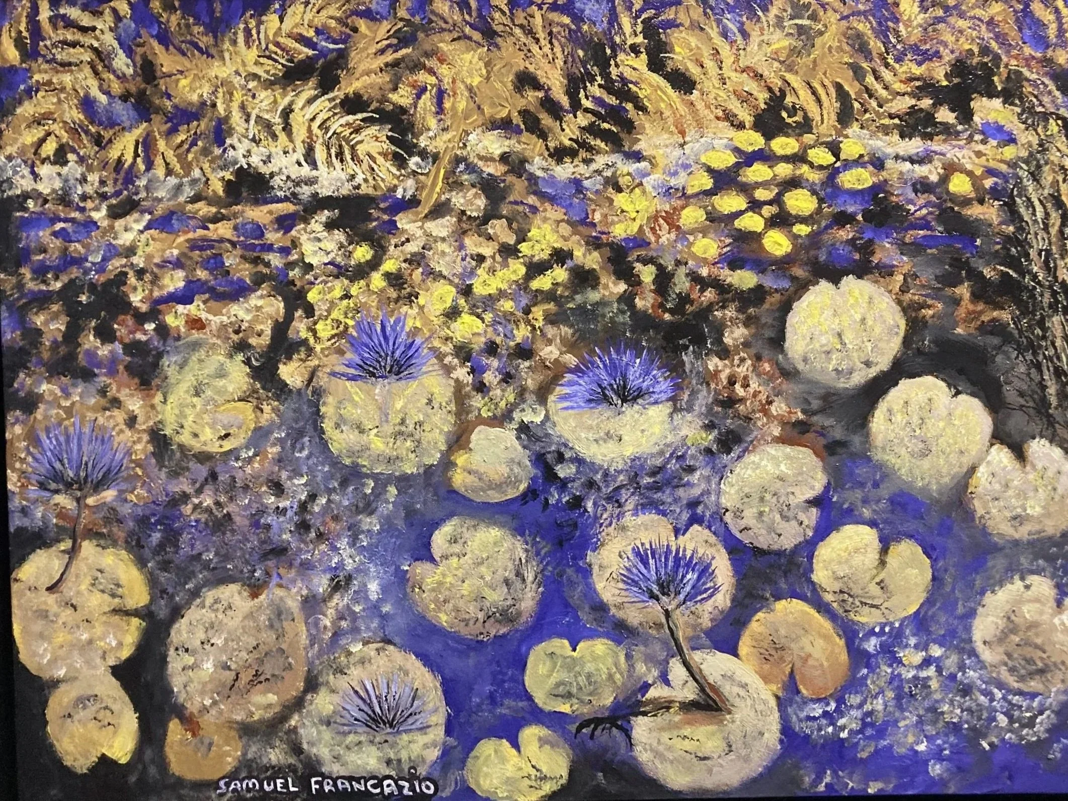 A painting of water lilies and a tiger in a pond, with purple, yellow, and black tones.
