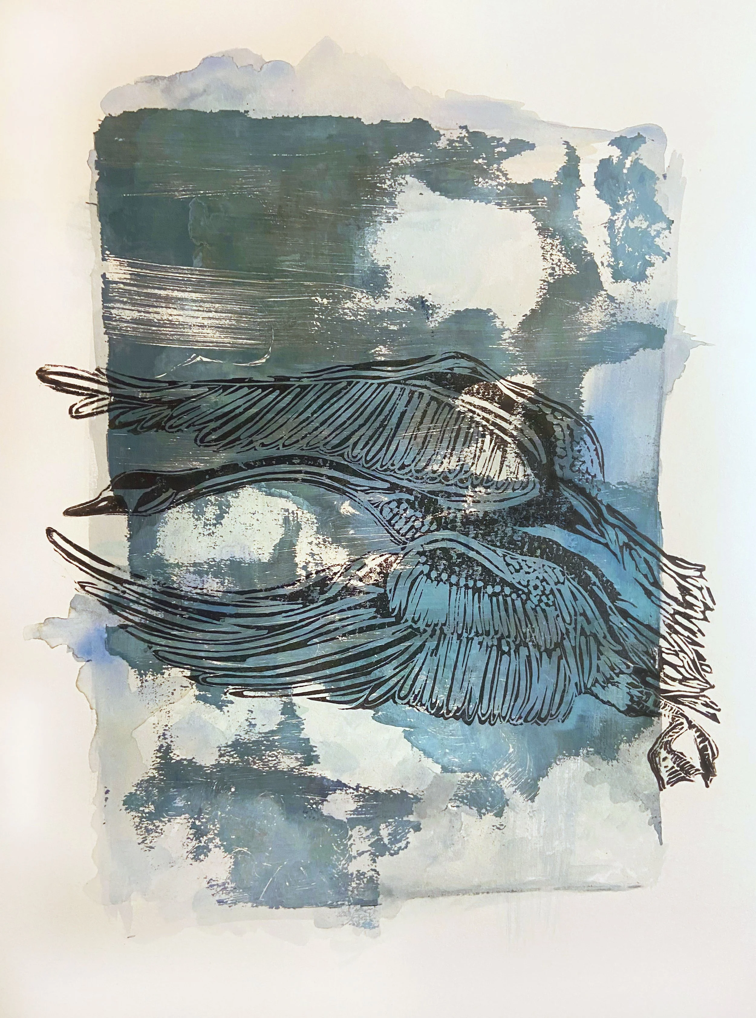 A watercolor painting of a fish, sketched in black ink, with a background of blue and gray abstract shapes.
