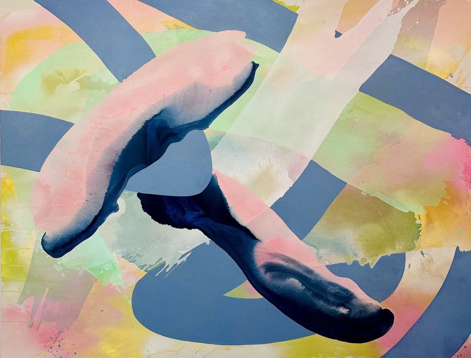 An abstract watercolor painting with various pastel colors and black and blue shapes.