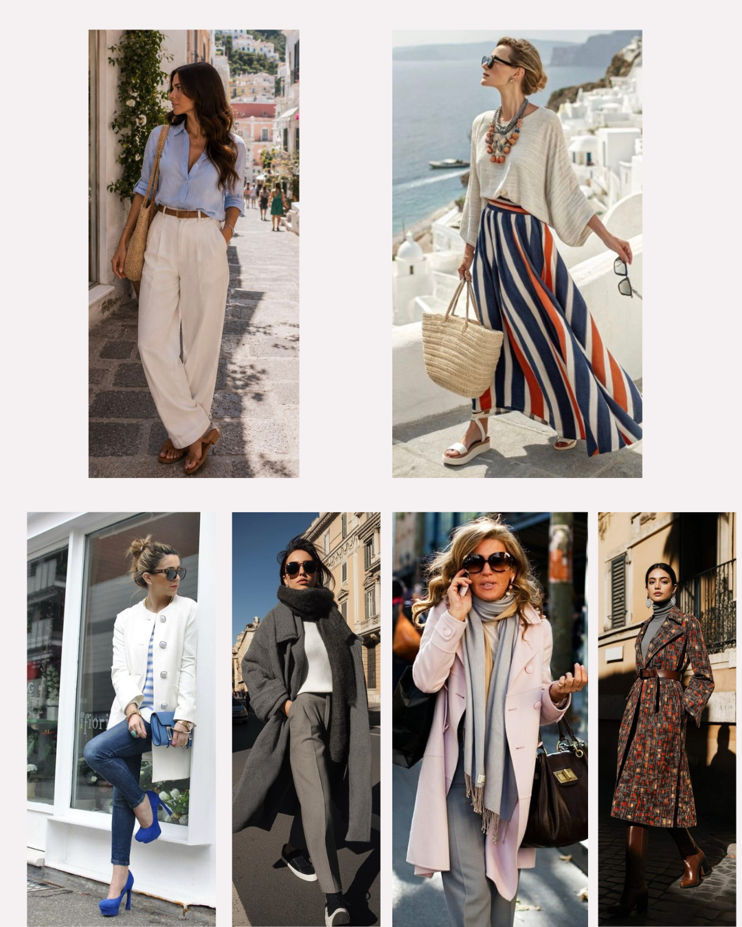 four outfits that read as finished, with belts, bags and jackets