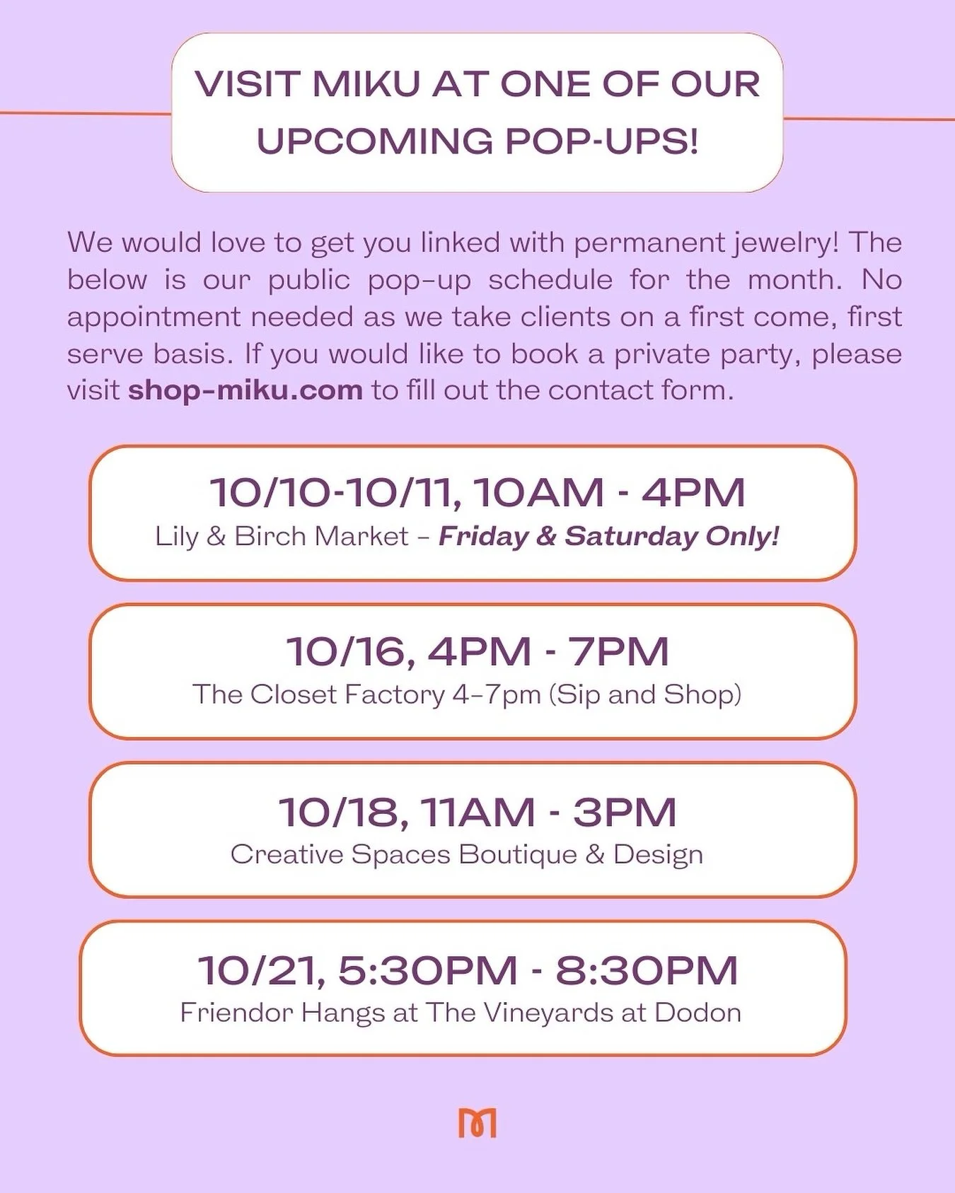 The October schedule is here and she is packed!💜🍂 We&rsquo;ll be taking a little vacay to kick off the month, but after that it&rsquo;s busy and full in the best way. Here&rsquo;s where you&rsquo;ll find us:
⠀⠀⠀⠀⠀⠀⠀⠀⠀
✨10/10&ndash;10/11, 10AM &ndas