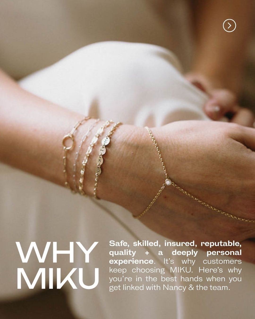 The standards we&rsquo;re committed to at MIKU: the HIGHEST✨ From elite education and experience to trusted safety steps and high-quality chains, Nancy &amp; the team are second to none when it comes to permanent jewelry in the DMV.

Swipe through an