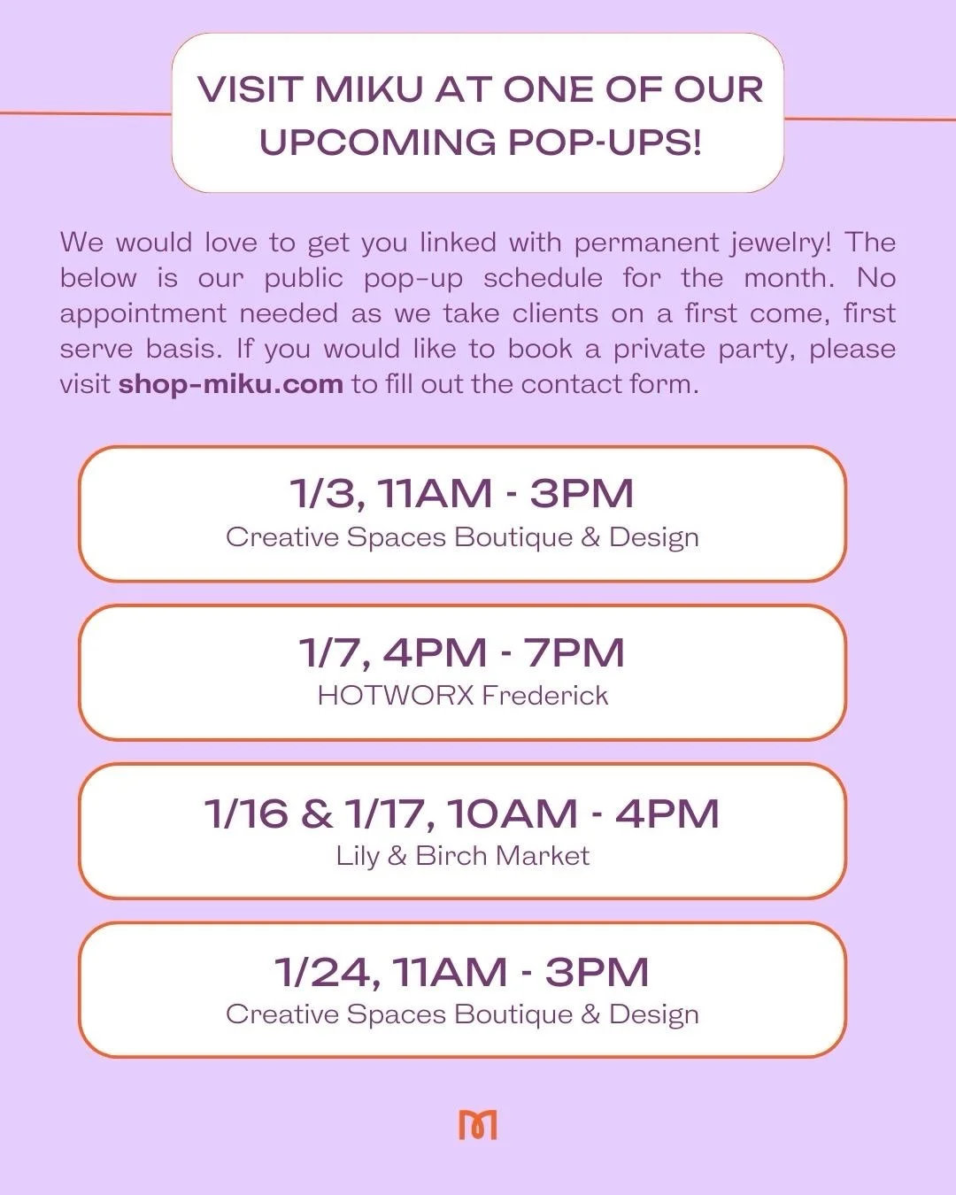 Here&rsquo;s where we&rsquo;ll be popping up in January!💜✨
⠀⠀⠀⠀⠀⠀⠀⠀⠀
If you received a MIKU Holiday Surprise Box, make plans to redeem prize at one of these events:
⠀⠀⠀⠀⠀⠀⠀⠀⠀
1/3, 11AM-3PM - @creativespacesurbana
1/7, 4PM-7PM - @hotworxfrederickbott