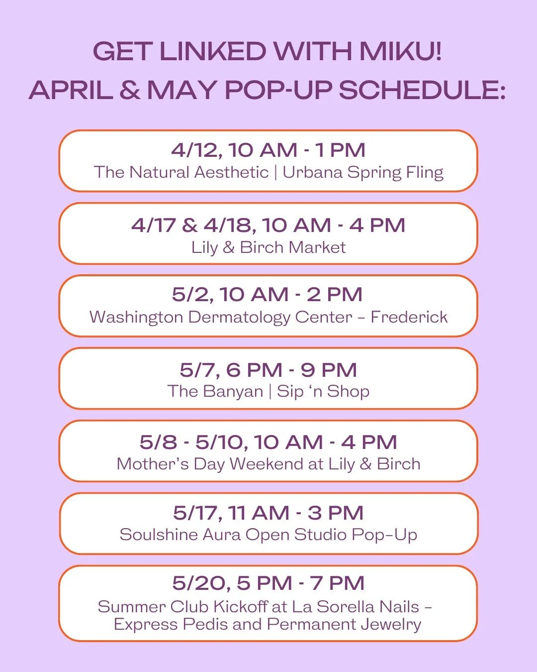 Updated spring schedule and somehow it just keeps getting better🙂 We added one more pop-up to the lineup! Take a look and plan to see us out and about all season💜

APRIL POP-UPS:
4/12, 10-1 | @thenaturalaesthetic_urbana Spring Fling
4/17 &amp; 4/18