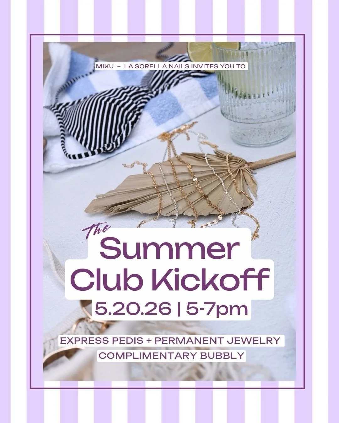 MIKU Permanent Jewelry and La Sorella Nails is SO excited to invite you to The Summer Club Kickoff⛱️🐚
⠀⠀⠀⠀⠀⠀⠀⠀⠀
Join us Wednesday May, 20th from 5-7PM for permanent jewelry, express pedicures, complimentary bubbly and good vibes. You&rsquo;ll leave 