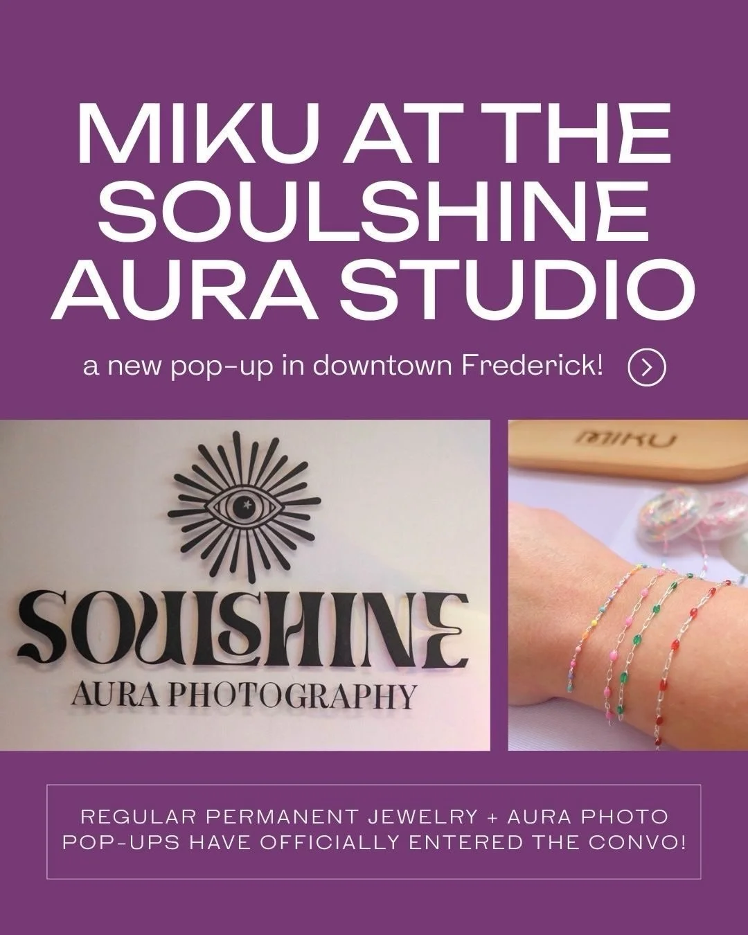 Couldn&rsquo;t be more excited for this!!✨ MIKU will now be linking permanent jewelry regularly during open studio hours at @soulshineaura&rsquo;s new studio in downtown Frederick! 
⠀⠀⠀⠀⠀⠀⠀⠀⠀
Get your unique aura captured + get a meaningful piece of 