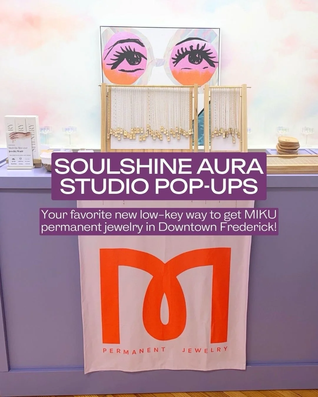 Love MIKU permanent jewelry but want to skip the crowds &amp; waits? Plan an outing to our new recurring pop-up at @SoulshineAura Open Studio in Downtown Frederick!✨
⠀⠀⠀⠀⠀⠀⠀⠀⠀
This option offers a relaxed space to browse, select chains and charms wit