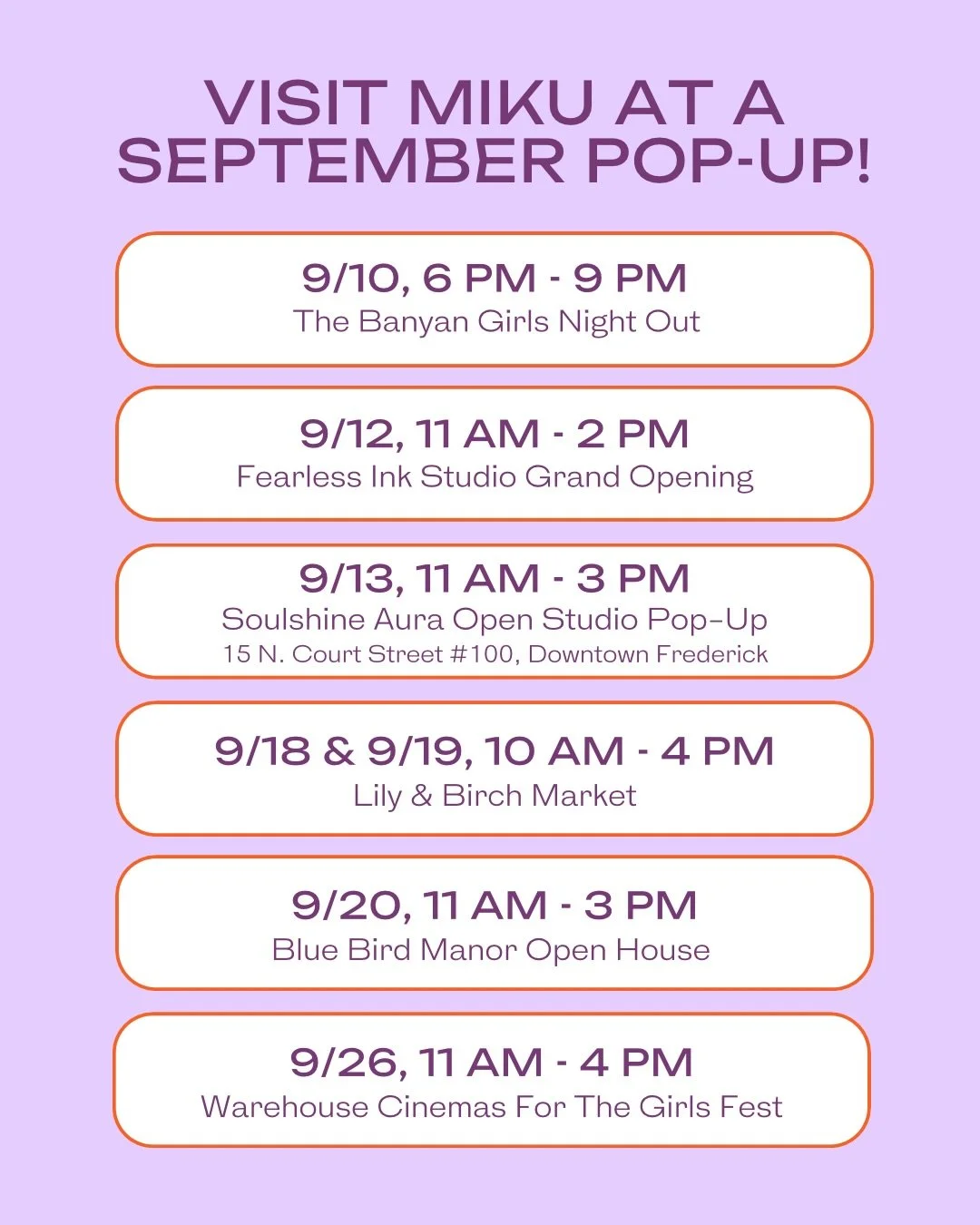 September with MIKU is officially on the books!✨ We have SIX pop-up opportunities to get permanent jewelry with us, including some of our monthly faves and a few fun special events:

✨ 9/10, 6PM - 9PM | @thebanyanmd Girls Night Out - this is a ticket