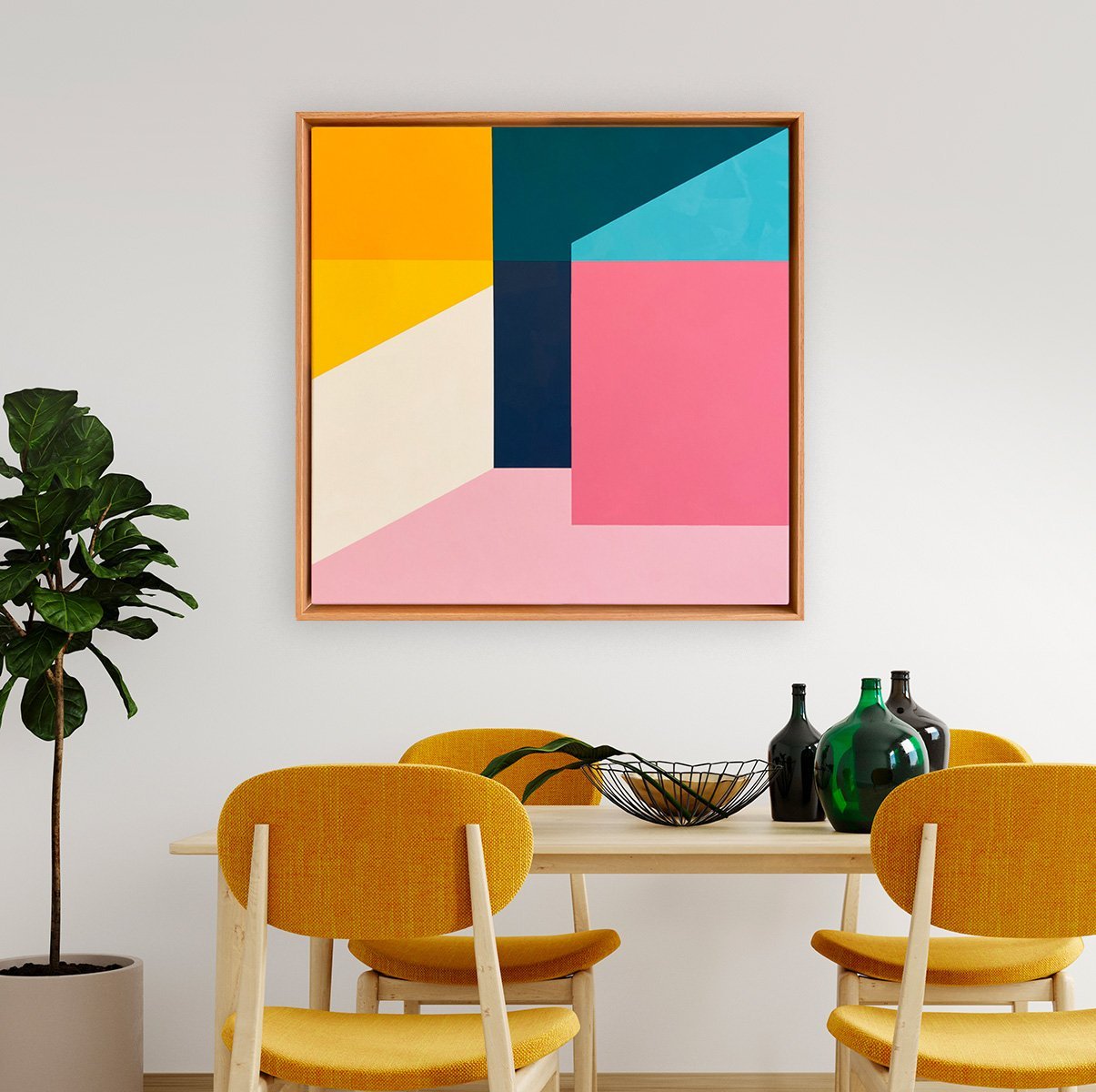 Enhance your space with Elysian, a handcrafted geometric painting. Bold shapes, rich colours & a mid-century modern touch.