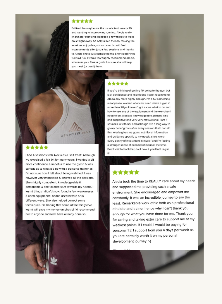Collection of four positive client testimonials about fitness training sessions with Alecia, featuring a woman with braided hair in athletic wear in the background.