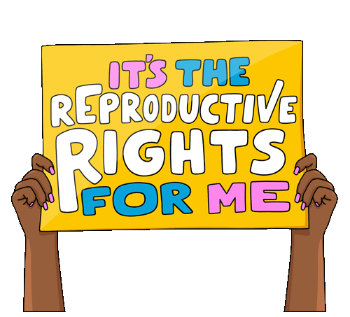 Illustration of hands holding a yellow sign with the text "It's the reproductive rights for me." Digital marketing By Nora Fikse animated stickers gifs bynorafikse