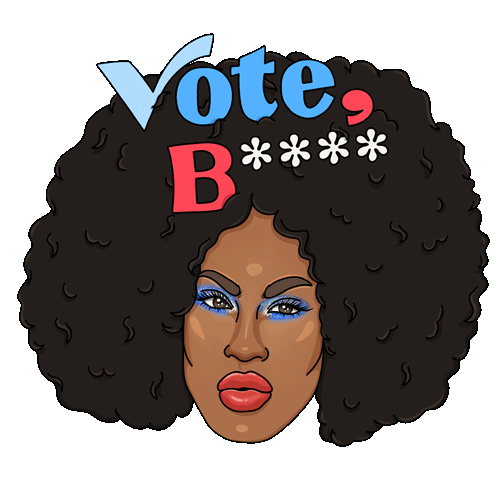 Illustration of a person with curly hair and bold makeup, accompanied by the text "Vote, B****" in colorful letters. Digital marketing By Nora Fikse animated stickers gifs bynorafikse