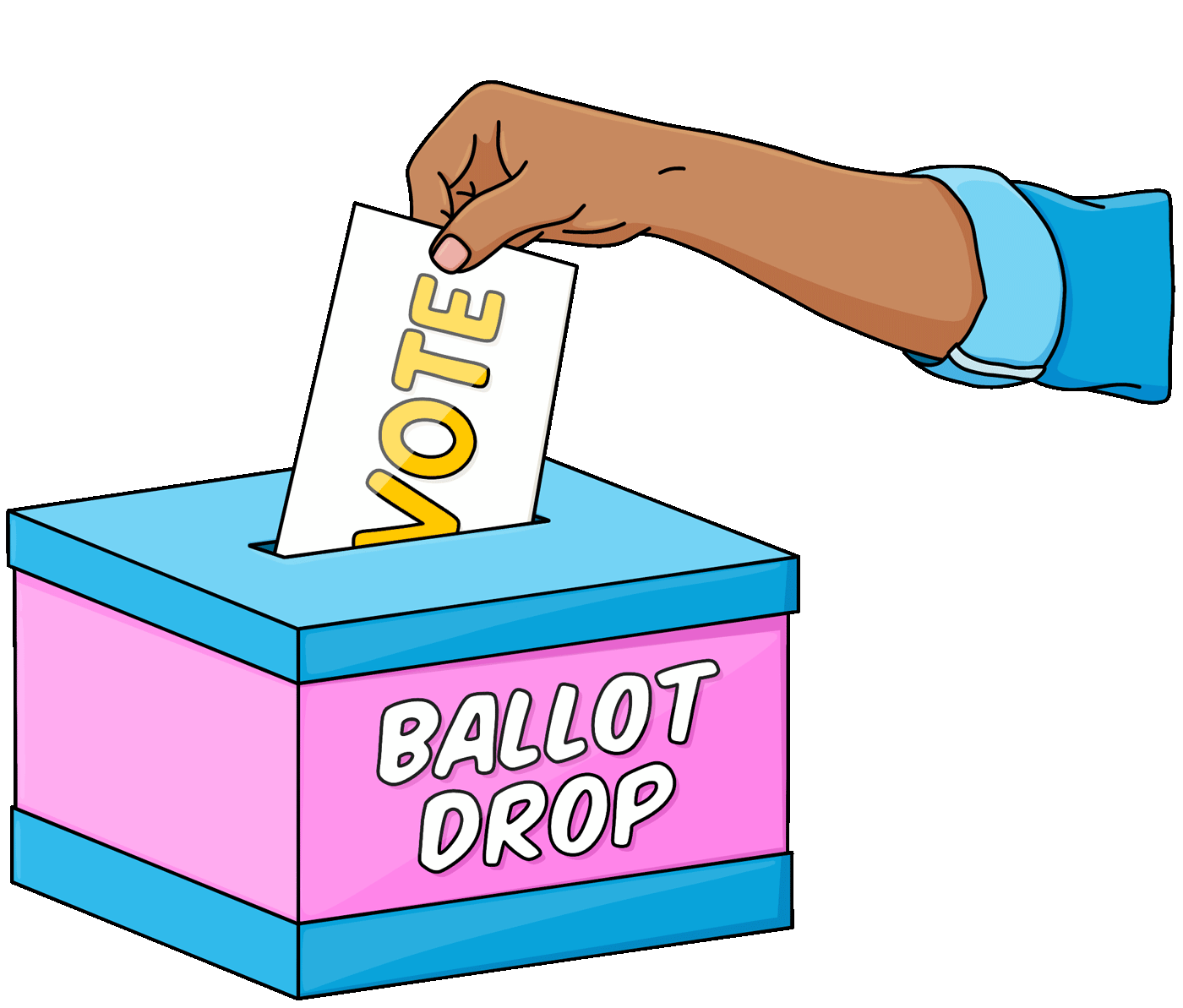 Illustration of a hand placing a voting ballot into a ballot drop box. Digital marketing By Nora Fikse animated stickers gifs bynorafikse