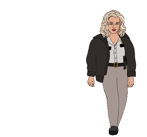 Illustration of a woman with blonde hair, wearing a black jacket, white blouse, and beige pants, walking on a red background. Digital marketing By Nora Fikse animated stickers gifs bynorafikse